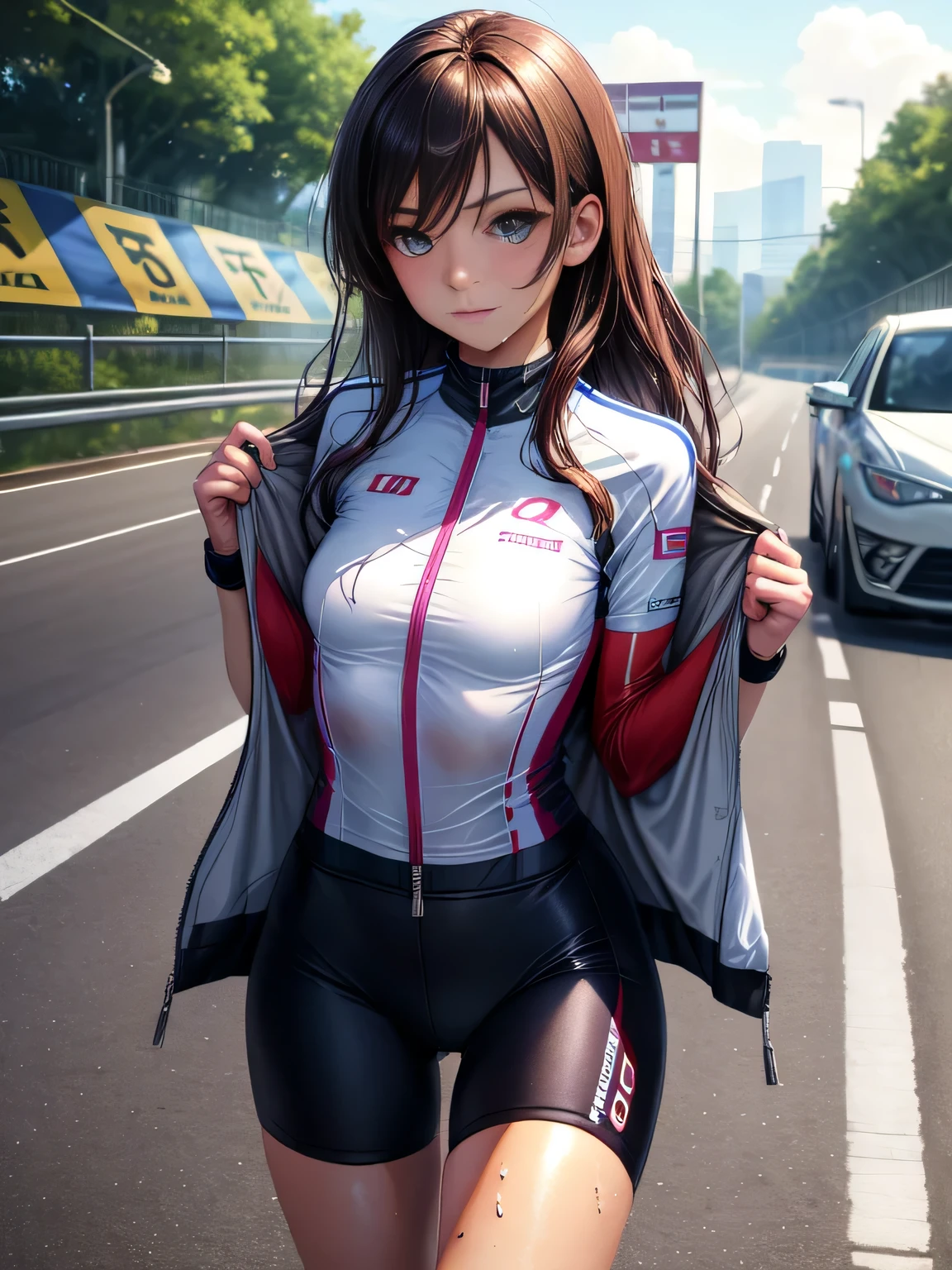 ,((masutepiece)),((High resolution)), Dramatic Lighting, Sharp Focus, 16k UHD,
Ultra-realistic illustrations,1beautiful girl, road bicycle race uniform, top nude , nude breasts , open zip , NSFW , ride a bicycle race,Teenage girl,bicycle symmetrical large eyes,small head,long hair,small breasts,narrow waist,wet skins sweat,nice legs,road bicycle race venue,Solo, Opening shirt to reveal breasts , top nude , nude breasts , open zip , NSFW