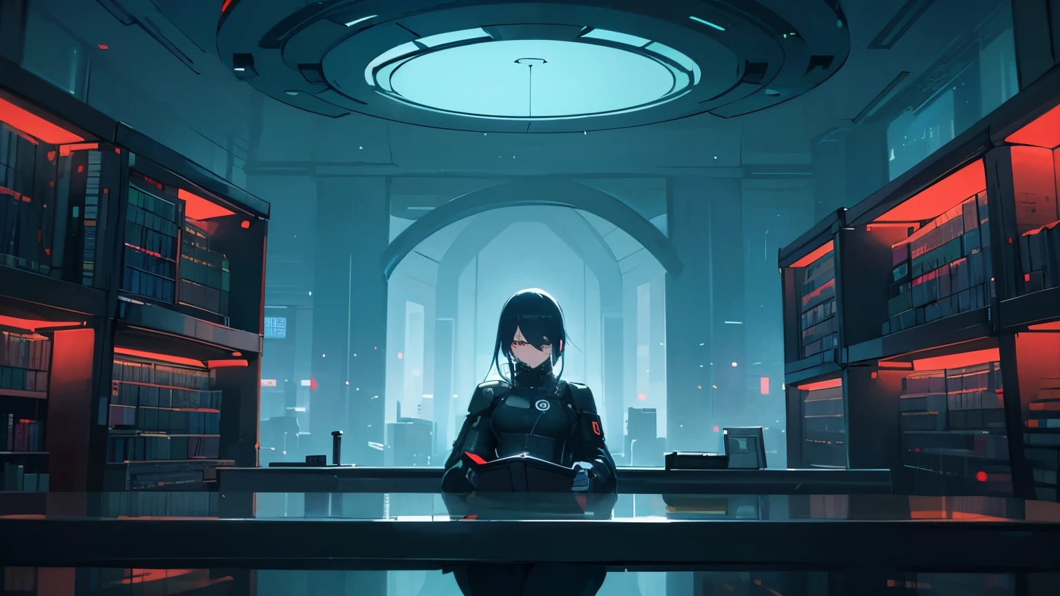 Generate a cyberpunk-themed image for serene English word learning. In the center of the image, there is a quiet library with futuristic decorations on the bookshelves. A reading table holds a list of English words with their meanings and usage. Outside the window, a nighttime cityscape and passing hovercars can be seen. The image uses dark mode tones throughout, with quiet music playing.