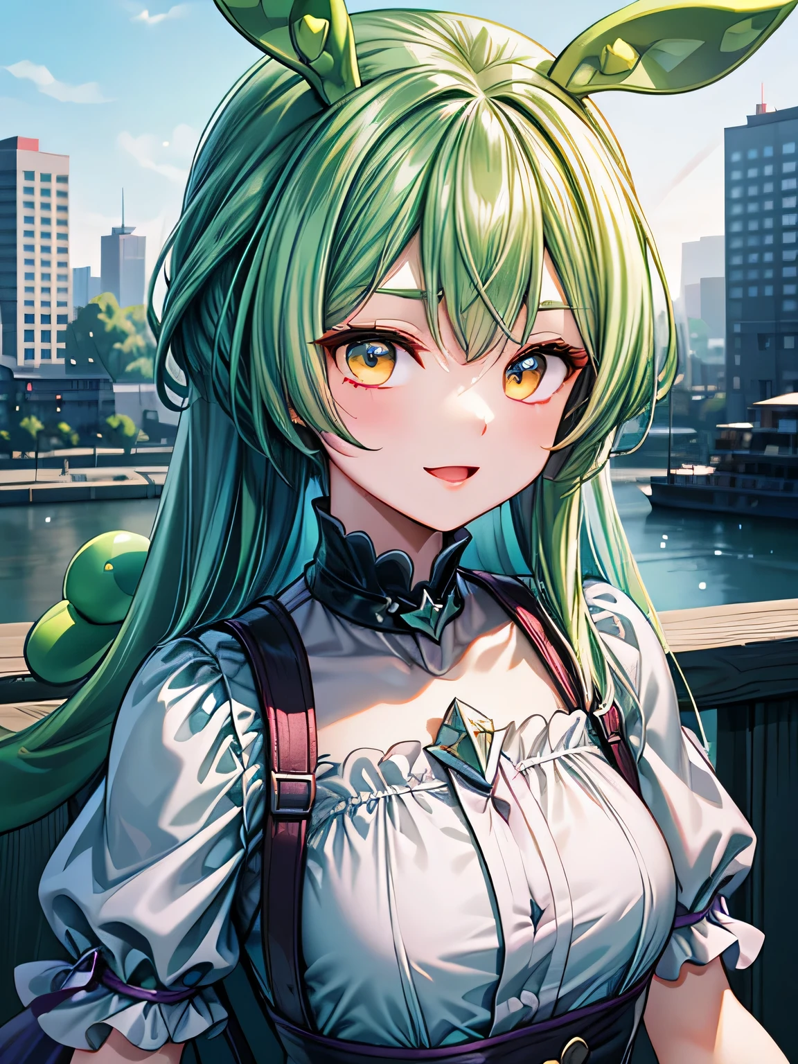 highest quality,wonderful,masterpiece,delicate,ultra high resolution,Super detailed,intricate details,beautiful,8K resolution,(Highly detailed CG Unity 8k wallpaper),sharp focus、1 female、dark green hair、eyes are yellow、Glossy skin、cute、beautiful瞳、sexy、smile、Three-dimensional effect of body parts, realistic skin texture、city、building