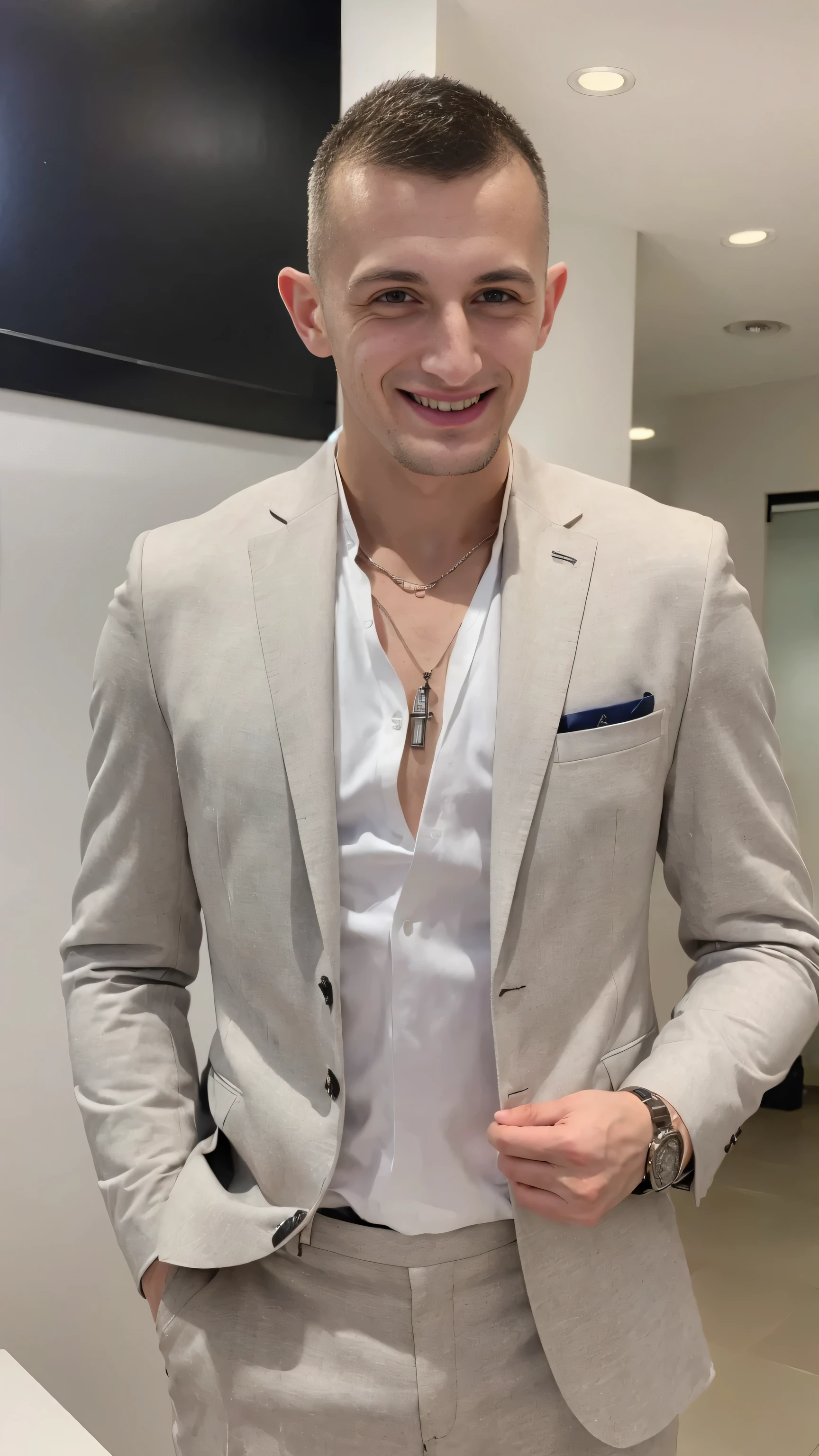 (detailed), (masterpiece, best quality:1.2), 1man, solo, perfect face, realistic photo of a man detailed chain necklace, Polish, influencer, light freckles, wearing detailed silver watch, wearing detailed diamond ring, Instagram, 64k, sharp photo, perfect body, model looking, realistic photo of a man, romantic atmosphere, perfect detailed hands, perfect detailed fingers, ((best quality)), ((masterpiece)),(smile:1.0), wearing business suit set