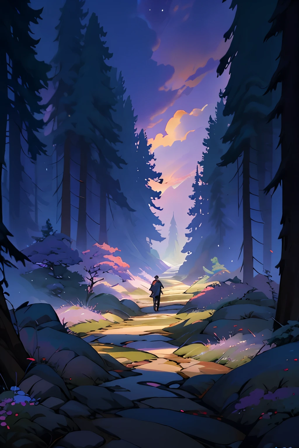 Animesque skyscape with clouds, Purple sunset sky hues, Shikai deities conjuring, Montagnes encircled, Forest terrain teeming, Brushstrokes visible, No human figures present, Studio Ghibli style, A sultry scenery unfolds, Sparkling light illuminates, Skyline ablaze.