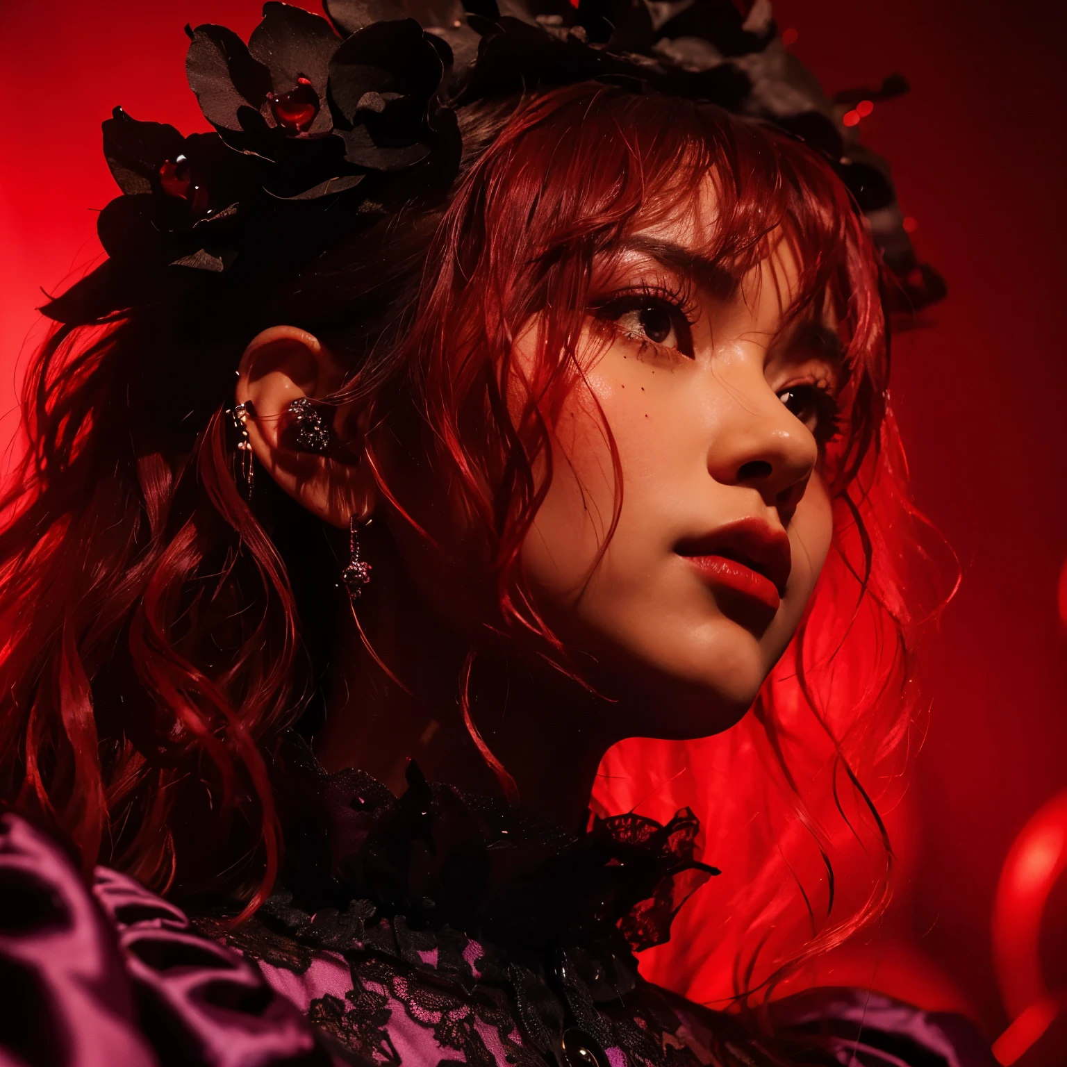 ((very sharp photo result & detailed face)) (((textile shading))), (((Best Quality))), (((masterpiece))) (((hyper realistic photo)) depth red light mood, shade keylight shoot, tight close up face of a japanese vocalist girl with black orchid crown, red wavy hair, wear purple gown black lace, detail facial pore skin, at dark stage performance red smoke on a night concert, band member as background, dark dramatic spotlight lamp on her, taken with hasselblad camera. HDR10 8K