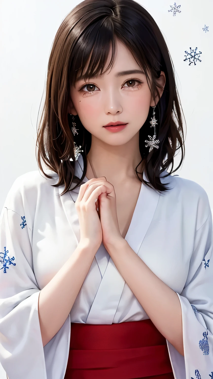 (highest quality、8k、32K、masterpiece、nffsw:1.2)、(RAW photo)、(realistic)、(Photoreal:1.2)、(High resolution)、Super detailed、very beautiful face and eyes、1 girl、round and small face、thin waist、delicate body、(close、highest quality、high detail、rich skin details)、(highest quality、8k、oil paint:1.2)、Super detailed、(realistic、realistic:1.37)、(((white background)))、((long hair))、(((pure white wall background)))、(((She is wearing a red crystal pattern yukata)))、(((pure white wall background)))、(((red yukata)))、(((Yukata with snowflake pattern)))、(((loose and fluffy permed hair)))、(((Crying)))、(((touch your chin with your hand)))、