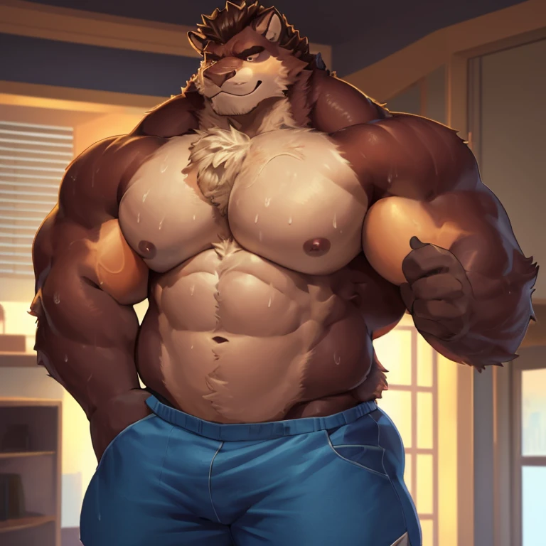 there is a man that is standing in a room with a remote, taken in the early 2020s, big shoulders, flexing, profile pic, thicc, thick neck, fluffy chest, mid-shot of a hunky, flexing large muscles, centered shoulders up view, posing and flexing, wearing a low cut tanktop, very sweaty, big chest