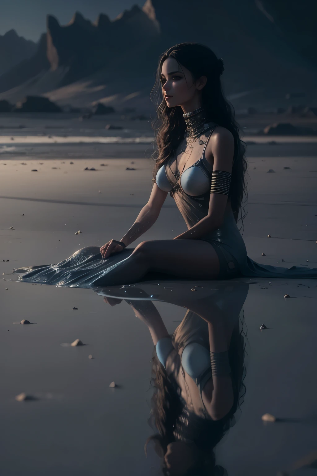 beautiful sci-fi sexy sand woman sitting in a puddle