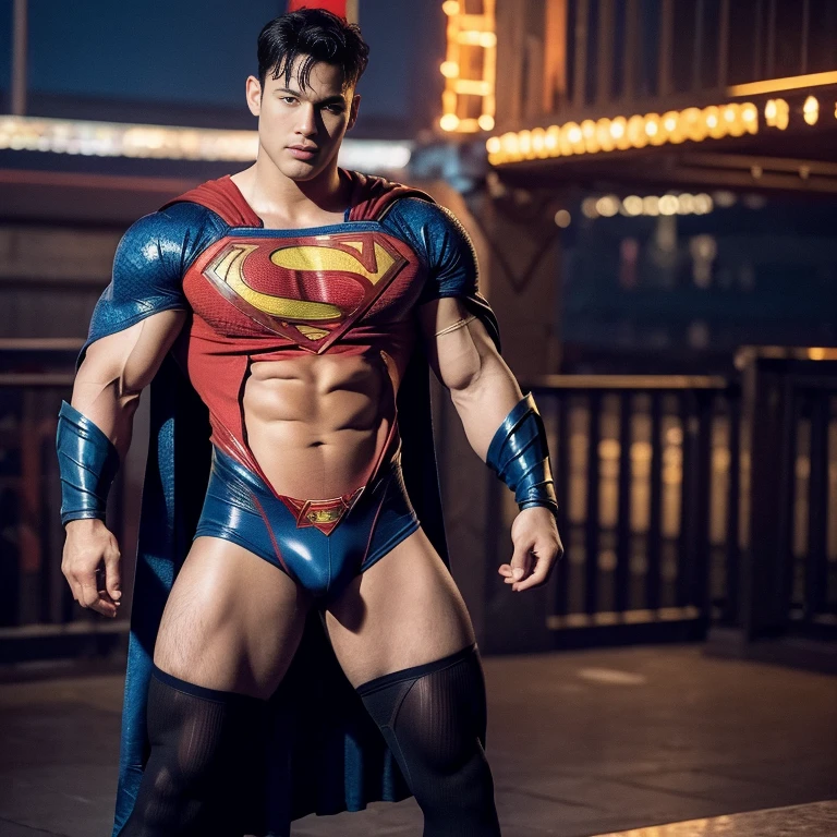 Man body setting,Superman costume tights , (bare thighs ) , sexy , NSFW , eroticism , seduction, standing , big thighs , fat hips , porn , exposed skin , exposed thighs , puffy nipples , seduction , bare hips ,