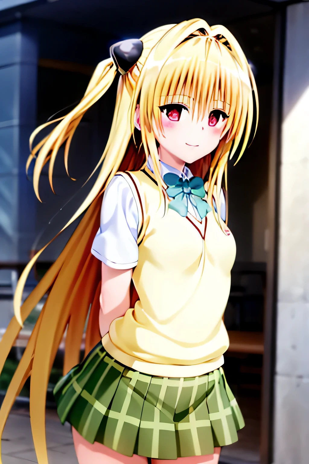 (best quality:1.1), (Meisterwerk:1.4), (absurder:1.0), highres, portrait, Nahaufnahme, 1girl, To Love Ru, aayami, very long hair, two side up, hair ornament, school uniform, green bowtie, white shirt, sweater vest, yellow vest, short sleeves, plaid skirt, green skirt, standing, cowboy shot, leaning forward, arms behind back, smile Blick auf den Betrachter, (blush:1.2)