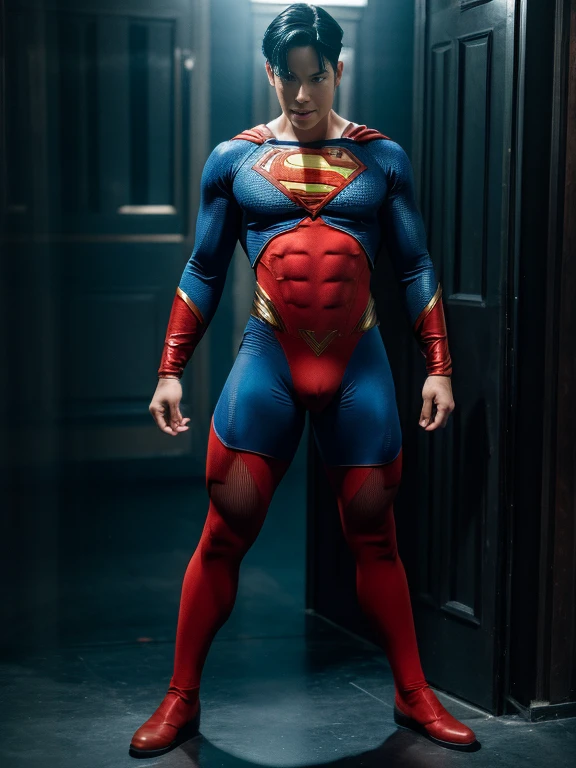 Man body setting，Superman costume tights , (bare thighs ) , sexy , NSFW , eroticism , seduction, standing , big thighs , fat hips , porn , exposed skin , exposed thighs , puffy nipples , seduction , bare hips ,
