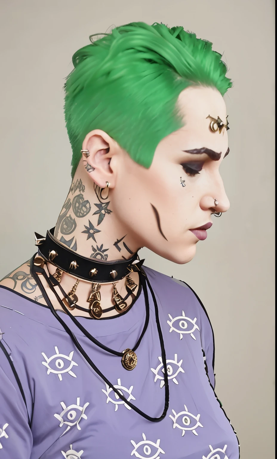 Punk girl with short green hair, Straight nose, Collar with spikes, decorations, piercing, eye tattoos, closed eyes, makeup