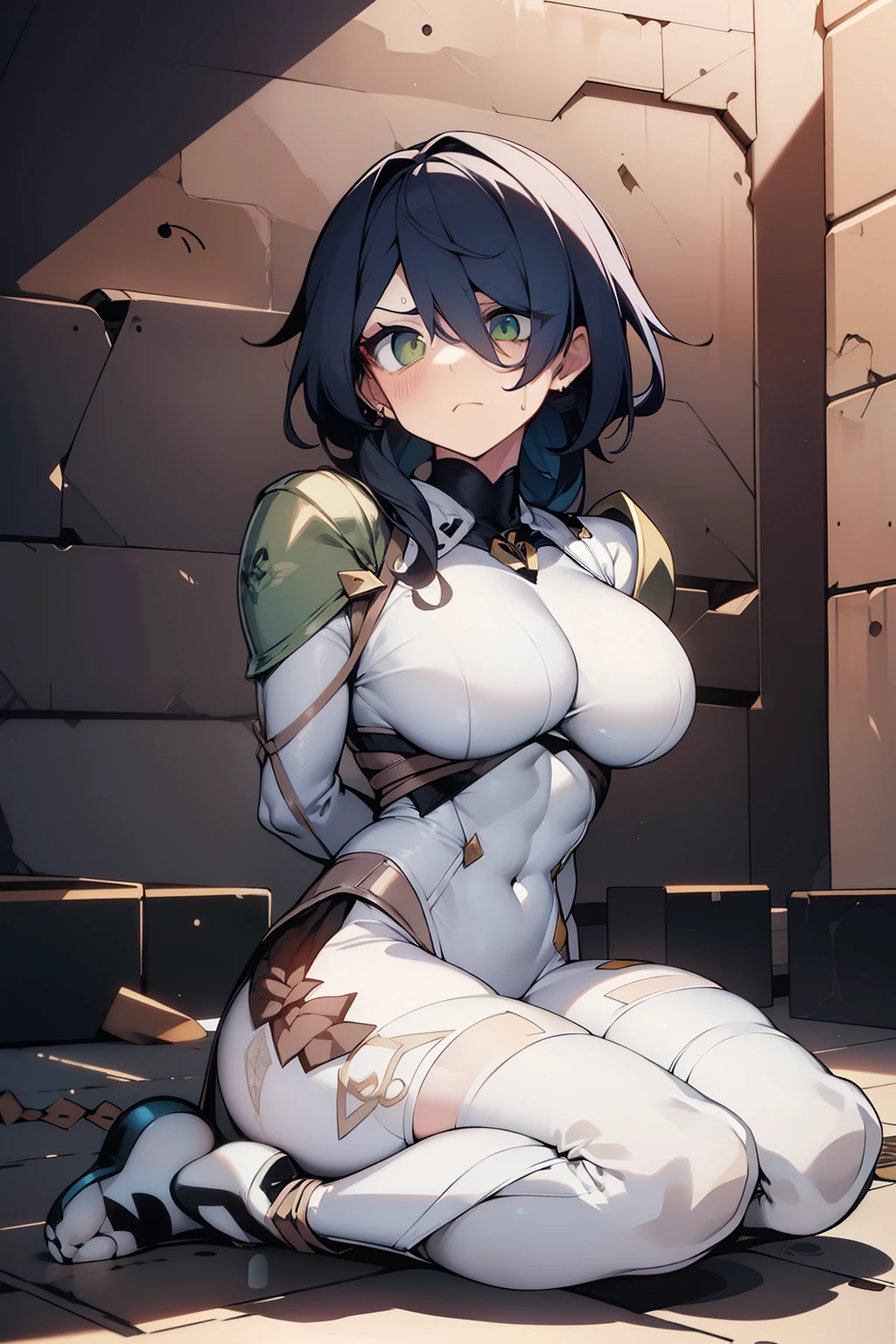 ((((white tights)))), anime style, (masterpiece), (highest quality), (super detailed), (Best Illustration), (best shadow), (sharp eyeliner, eyehadow, detailed eye:1.1), Fabia_luster_city_kite, green_hair, length_hair, Dark green_eye, pink earrings, ((white_body suit)), yellow_lining, pop color, shoulder_pad, gloves, boots, , highest quality, very detailed, masterpiece, ( bad_prompt_version2:0.6), highest quality, High resolution, 4k, super detailed, beautiful and detailed face, beautiful detailed eye, closed one eye, wink, sitting, closed legs, (((((hands tied behind))))), ((turn your arms behind your back)), (big_chest), cowboy shot, ((seiza)), ((sit on your lap)), concrete floor, concrete wall, basementで, basement, indoor, blush, Sweat, (frown), white skiny pants, , Fabia,