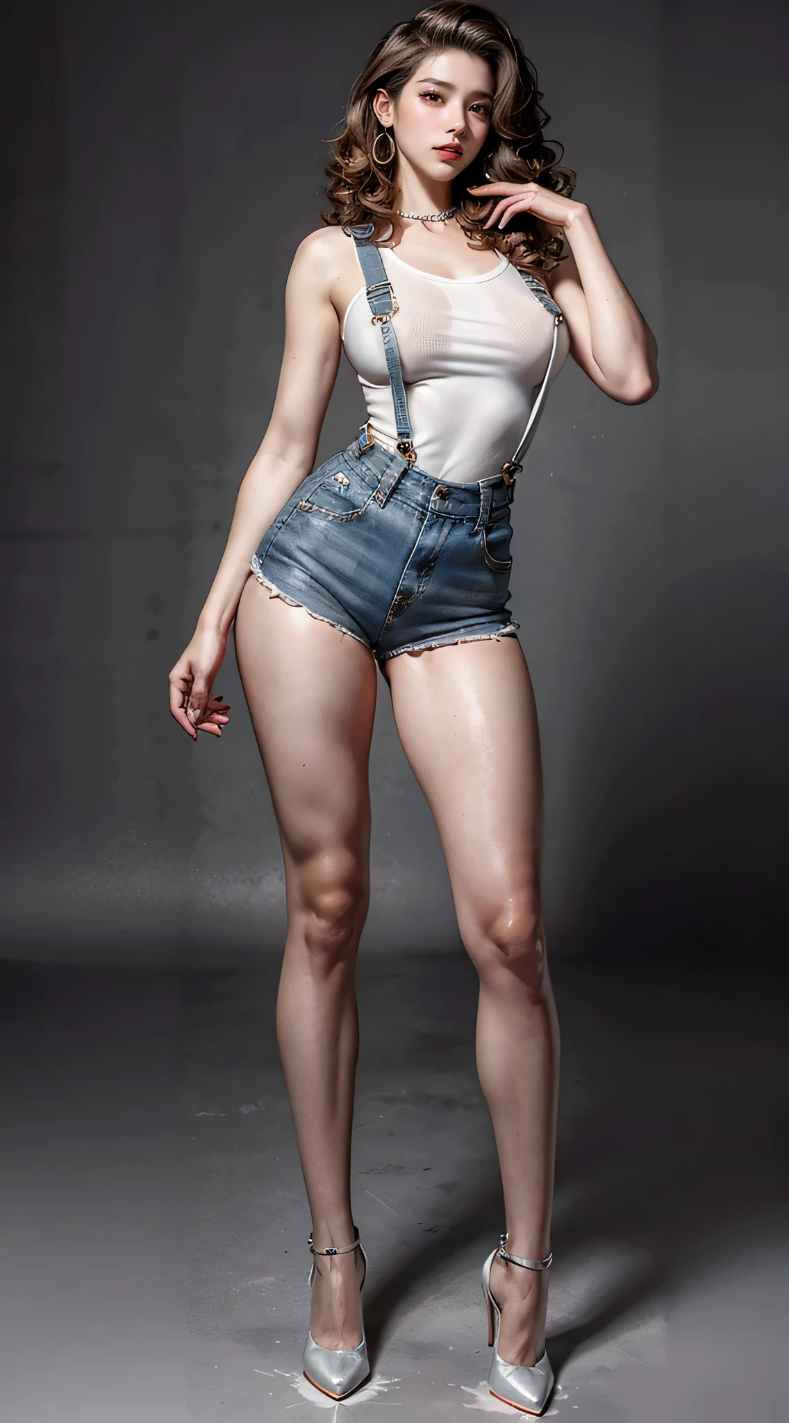 (masterpiece, best quality, realistically, Work, super detailed, 8k), ((Wide-angle lens, Full body female love)), 1 girl,Light makeup,Exquisite facial features,Smile,Exquisite hairstyle, long hair,big breasts,Correct finger structure,Work服,cartoon t-shirt,Hip-hop style,net,light brown hair, hair behind ears, Pompadour hairstyle, curls, medium hair, heart shaped earrings, front standing posture ,full body portrait,gray background