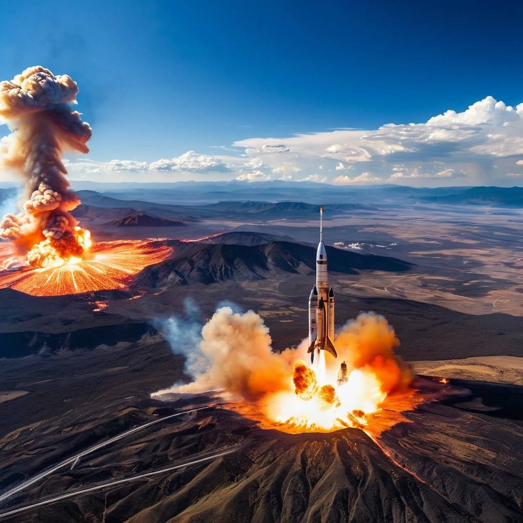 Viewed from a spectacular space aerial perspective，A spaceship is flying into the blue sky，Huge explosions on the ground sent up flames and billowing smoke.。This scene is full of energy and power，Demonstrates the courage and determination of mankind to explore the universe。The traces left by the spacecraft contrast sharply with the flames and smoke on the ground，Enhanced visual impact。The orange-red flames contrast sharply with the blue sky。The city and mountains in the distance bear witness to this magnificent spectacle，Adds depth and detail to the composition。