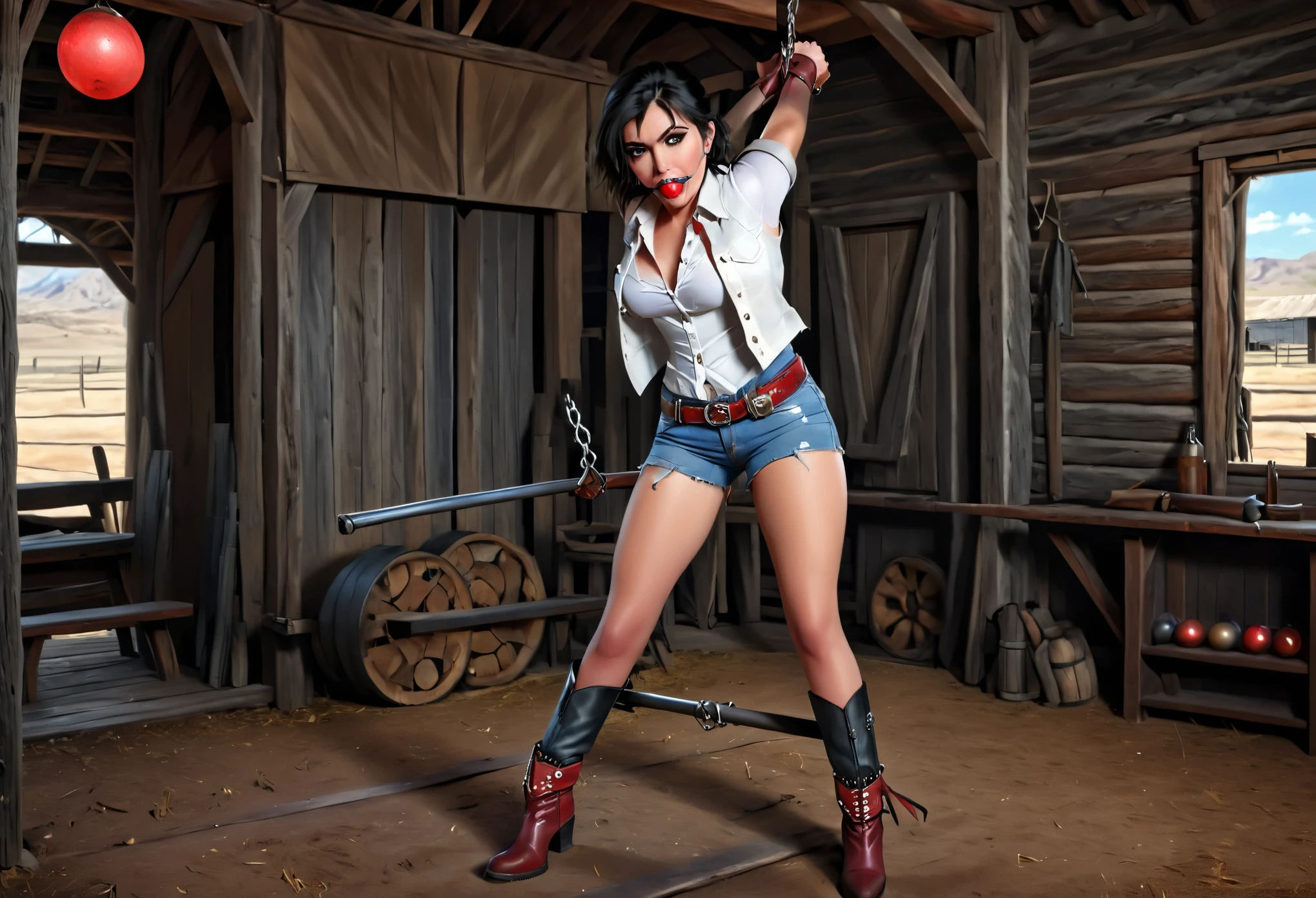 graphic novel illustration, photorealistic, full body of a beautiful young cowgirl, shoulder length black hair, nice black eyes, wearing a ripped leather vest and an unbuttoned white shirt, wearing unbuttoned jean shorts with a brown empty gunbelt and boots,  red ball gag, strappado, standing (legs apart), (spreader bar), wrist cuffs, ankle cuffs, full body, chained, arms up, thin, narrow waist, intricate details, cinematic lighting, amazing quality, amazing shading, dark lighting, detailed Illustration, wallpaper masterpiece, best quality, perfect hands, view from front, a barn in the old west background