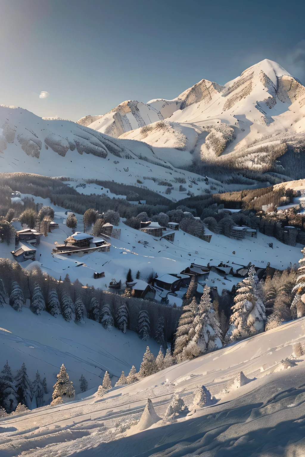 landscape of a mountain valley, ((pines at the foot of the mountains)), ((snow on the peak of the mountains)), cinematic, 8k, detailed, realistic, octane render, (((intricate details)), hdr, ((intricate details, hyperdetailed)), photorealistic, ultrarealistic, realistic shadows, realistic lighting, ((cold light tones)), ((white color tones))