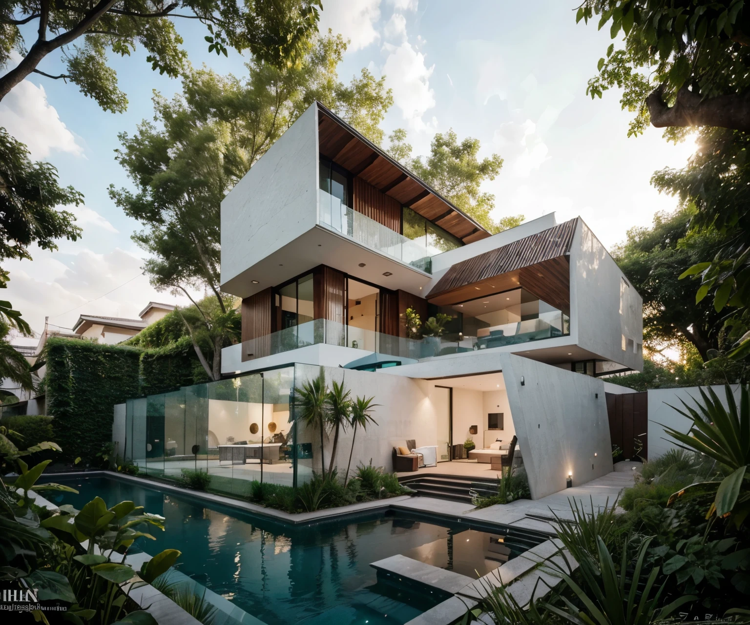 (a modern house with a beautiful and spacious garden)[architecture, contemporary design, luxurious interior], [large glass windows, open floor plan], [minimalist furniture, elegant and sleek], [lush green grass, colorful flowers], [sparkling swimming pool, outdoor seating area], (best quality, highres:1.2), (realistic, photorealistic:1.37), [neutral color palette, natural lighting], [clean and organized, minimalist style]