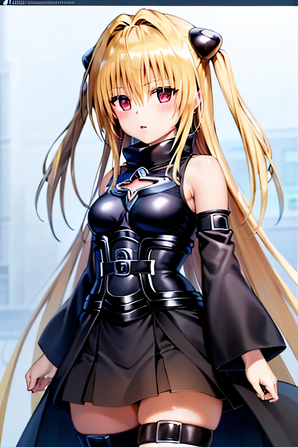 (best quality:1.1), (Meisterwerk:1.4), (absurder:1.0), highres, portrait, Nahaufnahme, 1girl, To Love Ru, aayami, very long hair, two side up, hair ornament, bare shoulders, black dress, clothing cutout, detached sleeves, belt, thigh strap, standing, cowboy shot, Blick auf den Betrachter, (blush:1.2)