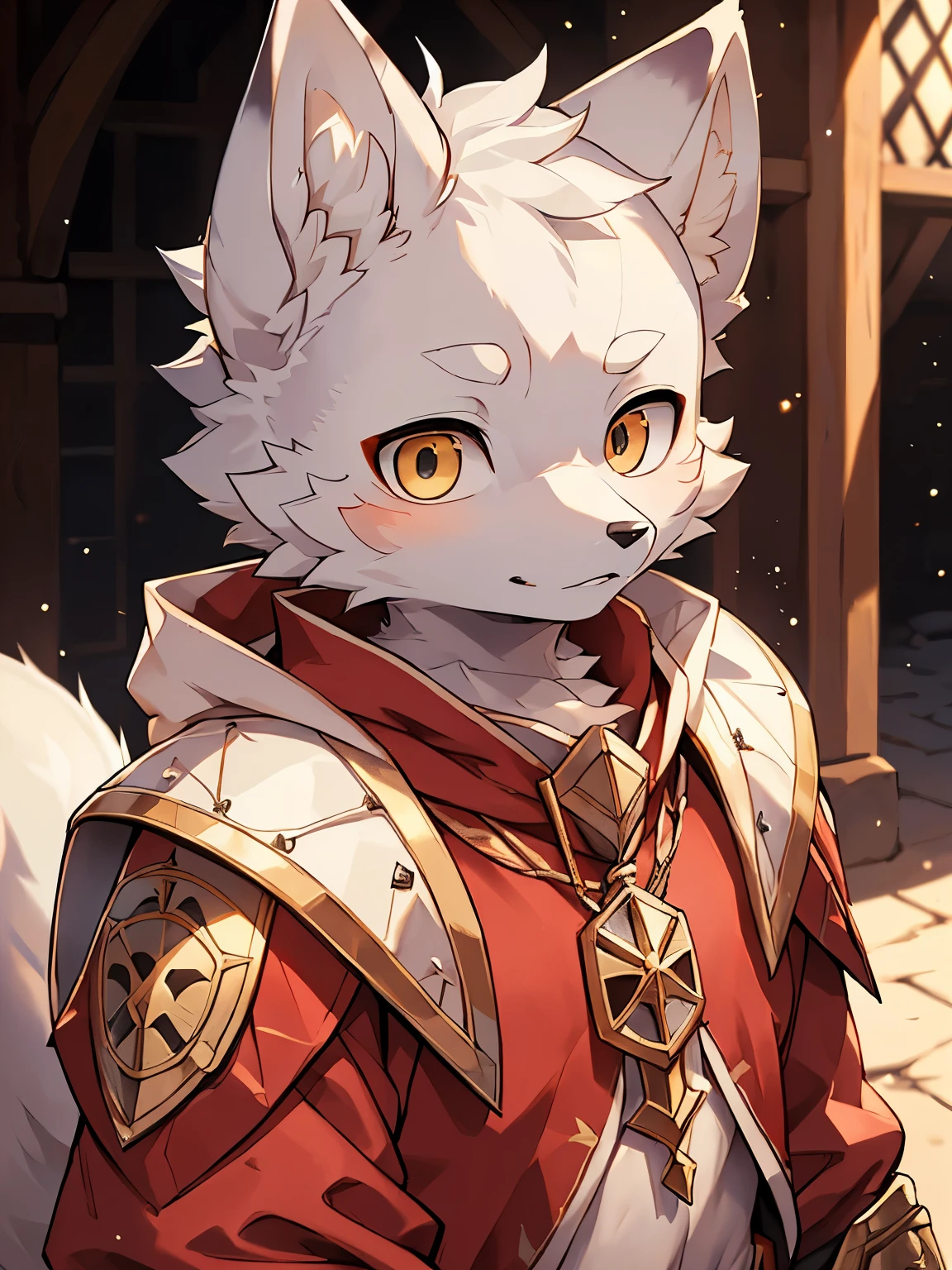 (best picture quality),(masterpiece),(((the only person))),(Super detailed),(male arctic fox:1.5), (white skin:1.3), hairy，(white fur:1.3),((golden pupils)) ,(gray ears),(hairy 动物 耳朵s)，((Dressed in medieval armor)，medieval general，red cloak，natural lighting，complex background,Detailed face，details on face，Character focus，Detailed clothes，upper part of body，depth of field，lighting perfect，sharp focus，light particles，alone，Serious