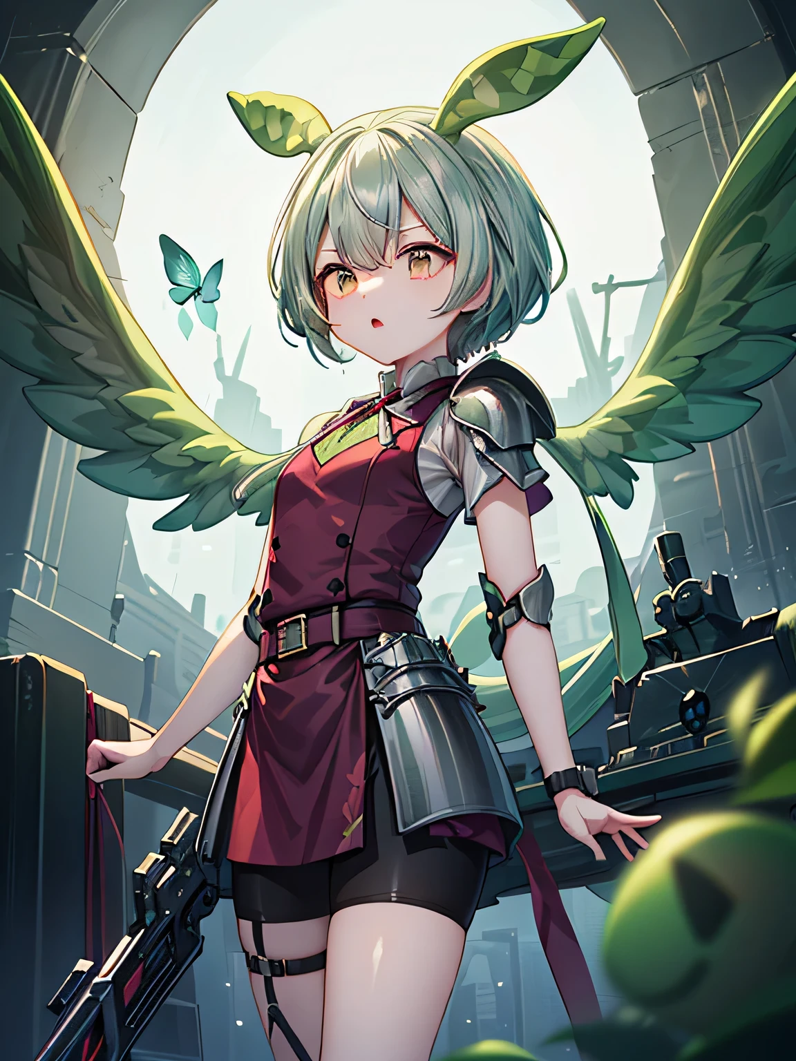 最high quality、best image quality、masterpiece、with a girl((red and black mechanical body armor、dark green hair、eyes are yellow、silver mechanical arm with machine gun、silver leg arms、Shining red body line、16 years old、teenager、cute、vest bust、big bast,Red mechanical wing,long hair、thin,big valley、belligerent movements,heavy equipment、heavily armored)),high quality、beautiful art、With background((midnight city、pillar of fire、Staypiece with dancing white feathers、written boundary depth,cinematic style