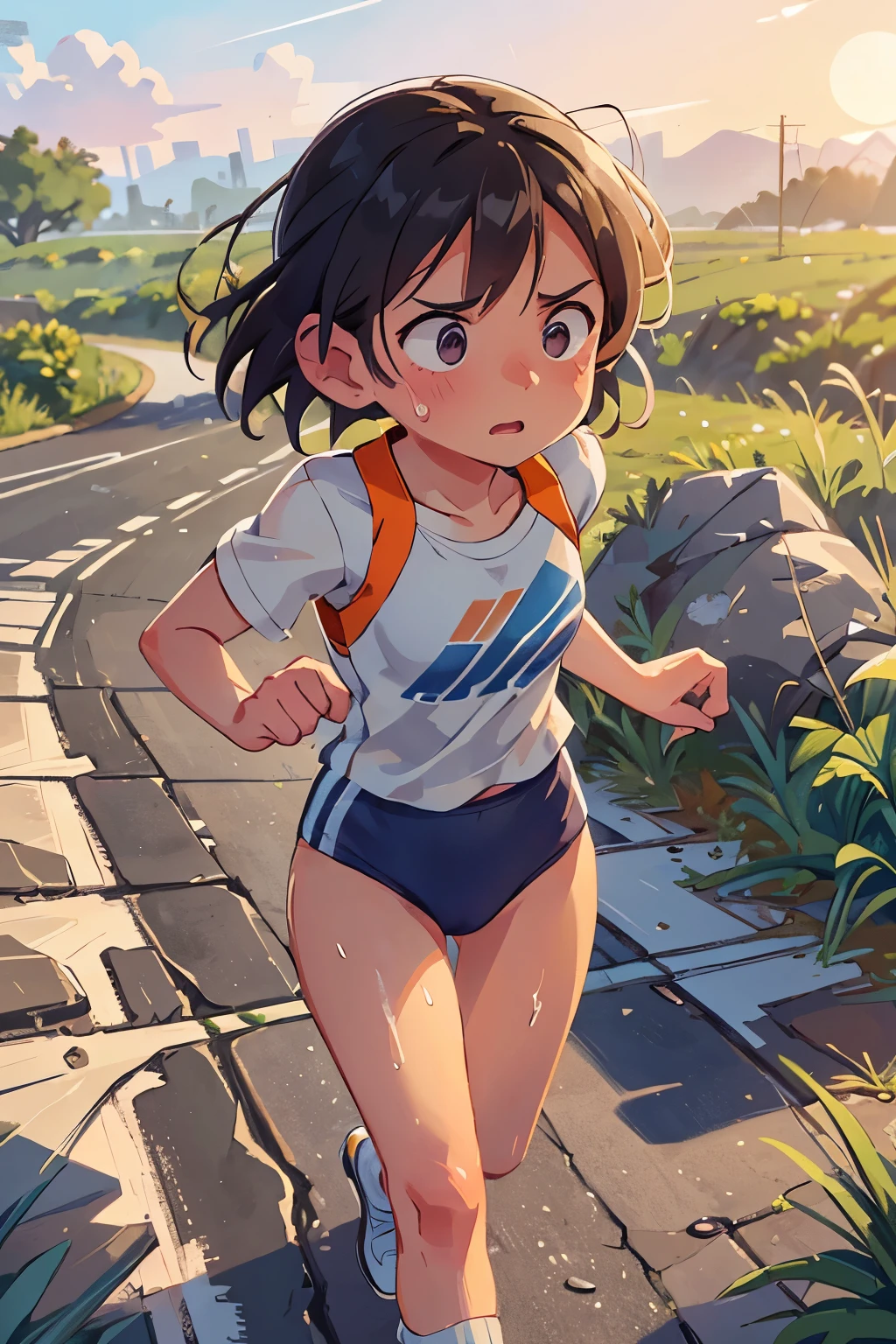 A determined person, dressed in running attire, is mid-stride on a winding asphalt road. Sweat drips from their brow as they pump their arms, showcasing their toned physique. The sun sets in the distant horizon, casting long, intricate shadows behind them. Vivid oranges, pinks, and purples paint the sky as the person continues their journey, leaving a trail of dust in their wake. Delicate patterns of cracks and pebbles can be seen on the road, adding to the realism of the scene. The sound of their labored breathing can be heard, echoing in the stillness of the evening. The person's hair, pulled back in a