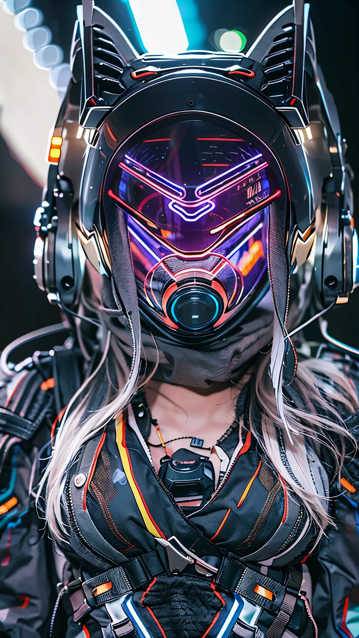 (Good structure),HDR,UHD,8K,1girl,Cyberpunk protective clothing,Cyberpunk gas mask,Cyberpunk protective helmet,A glowing helmet,Neon lights,Neon color,The circuit line light on the mask screen,White helmet,night,Side close-up,A glowing mask screen,Upper body,Cyberpunk,depth of field,jacket,lens flare,lights,solo