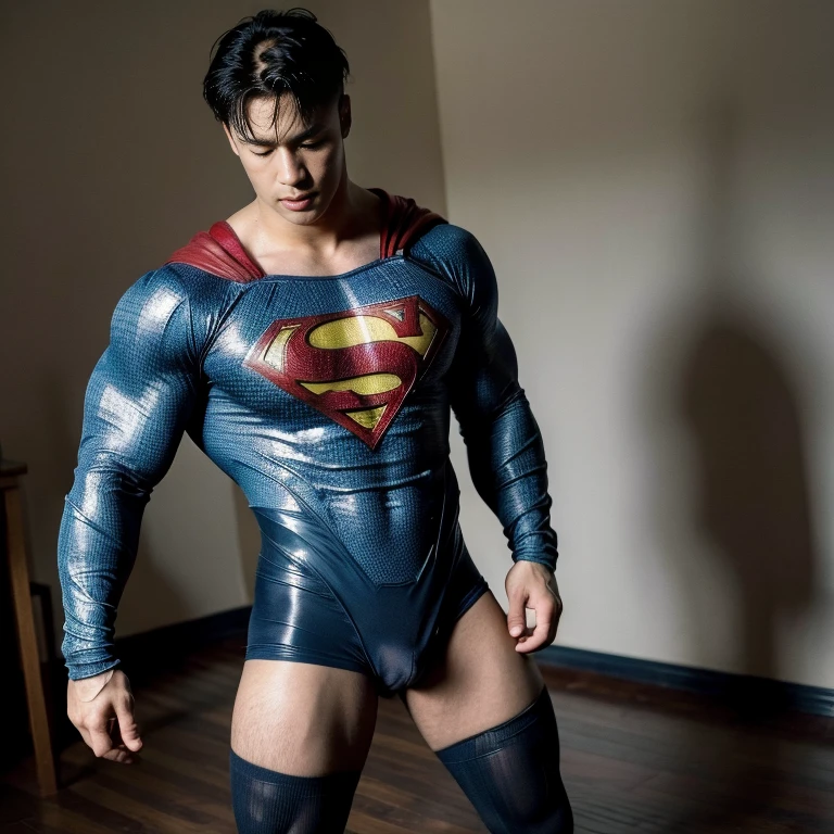 Man body setting，Superman costume tights , (bare thighs ) , sexy , NSFW , eroticism , seduction, standing , big thighs , fat hips , porn , exposed skin , exposed thighs , puffy nipples , seduction , bare hips ,
