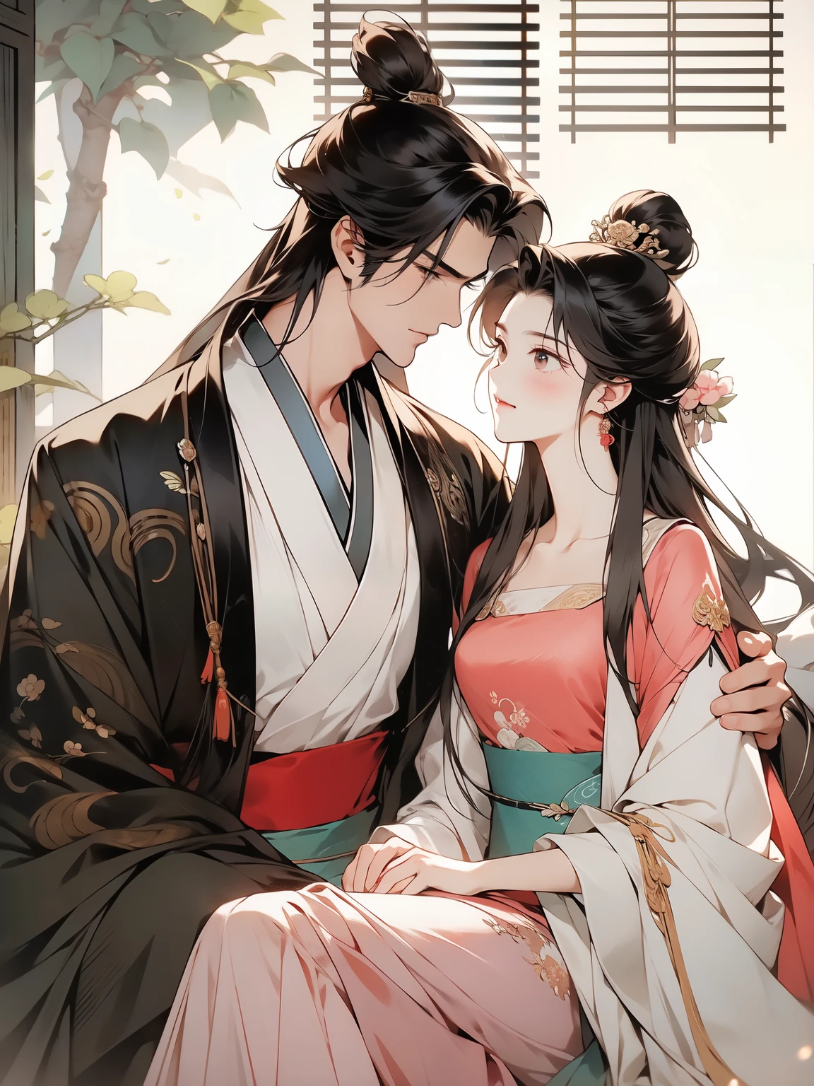 A couple leaning together,looking at each other,Hanfu,ancient chinese clothing,The color is soft and delicate