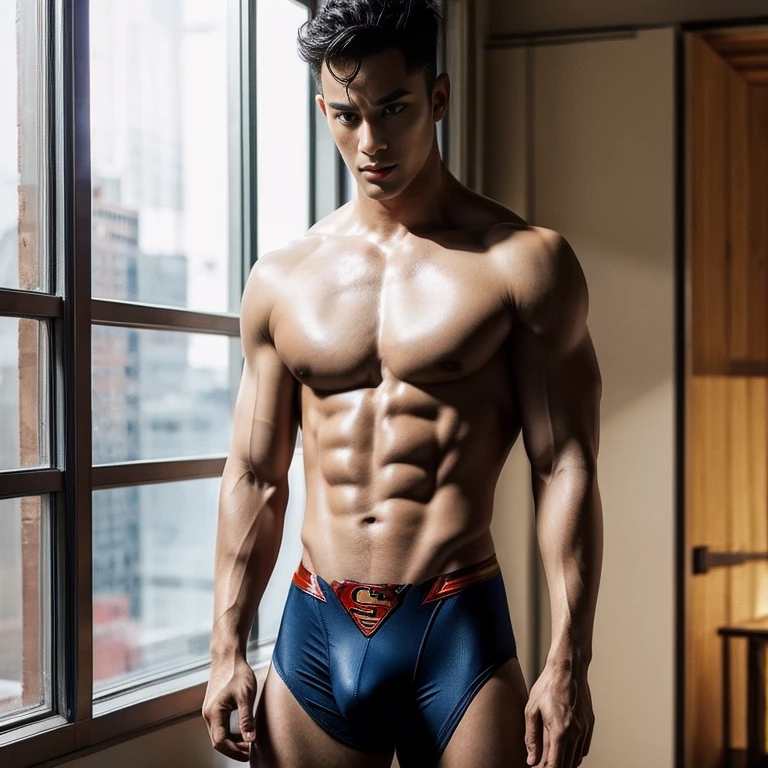 Man body setting，Superman costume tights , (bare thighs ) , sexy , NSFW , eroticism , seduction, standing , big thighs , fat hips , porn , exposed skin , exposed thighs , puffy nipples , seduction , bare hips ,
