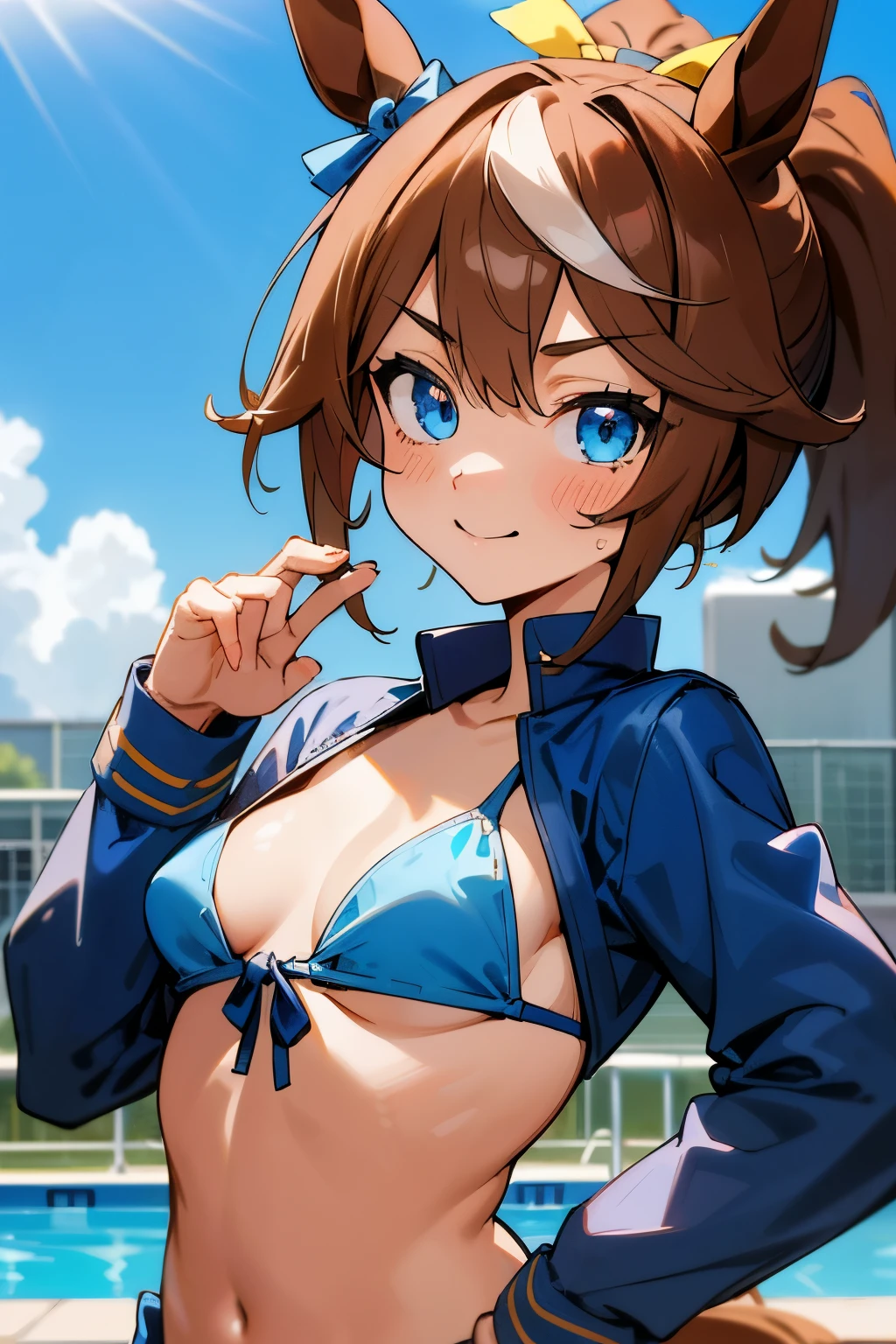 Tokai Teio \(umamusume\), ((highly detailed eyes)), (((bikini))), masterpiece, highest quality, (abnormal body, small breasts, horse tail,smile, pool, Upper body, frontage, 長いポニーテールmasterpiece, highest quality，highest quality，，horse ears，brown hair，stare at the viewer，great backlight，赤いマイクロbikini，Blue Denim，big，1 girl，have a pistol，{{dual pistols}}，face focus，lonely city center，