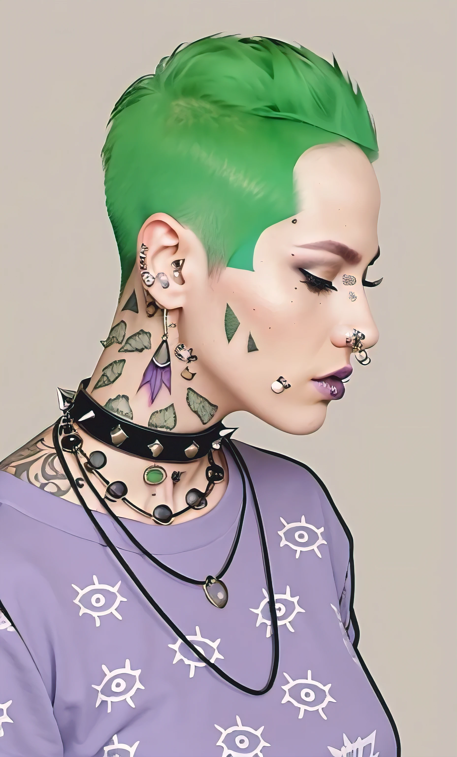 Punk girl with short green hair, detailed image, details, realism, realistic picture, hyperrealistic photography, high quality, good anatomy, best anatomy, piercing, makeup, decorations, Collar with spikes, purple t-shirt, tattoos, closed eyes, Highest quality