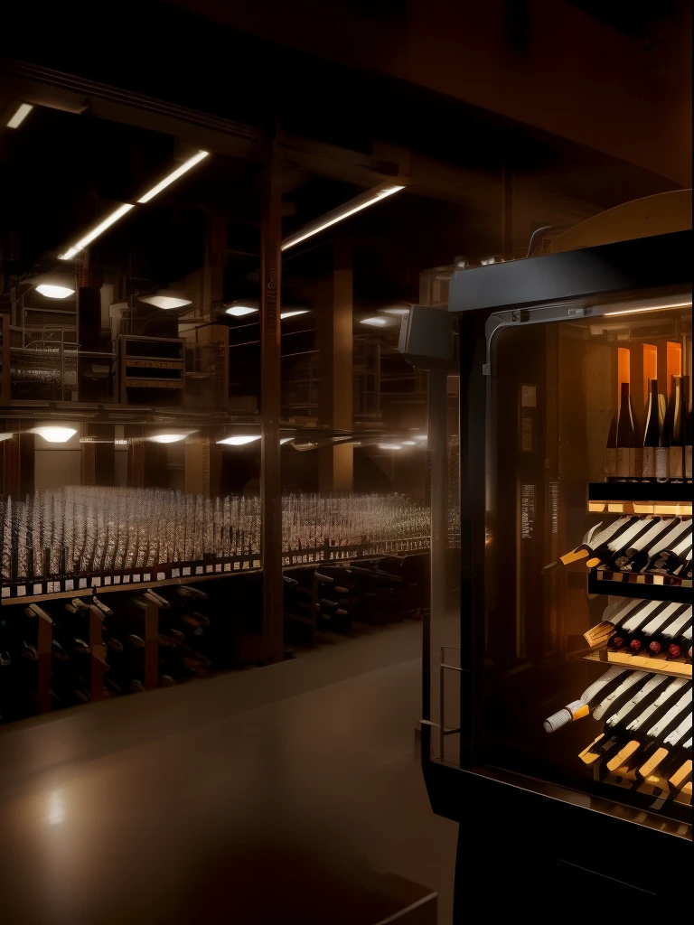 A realistic depiction of a wine packing machine in action, rendered in high definition, hyper realistic graphics, with sharpen edges and intricate details, glowing lights illuminating the machinery, 8K resolution. The scene is set in a dimly lit factory, creating a moody and focused atmosphere. The machine is in the process of packing wine bottles, showcasing its precision and efficiency. Each bottle is carefully placed and secured, signifying the care and attention given to the wine production process. The overall scene exudes a sense of professionalism and excellence, capturing the essence of a top-quality wine manufacturing operation.