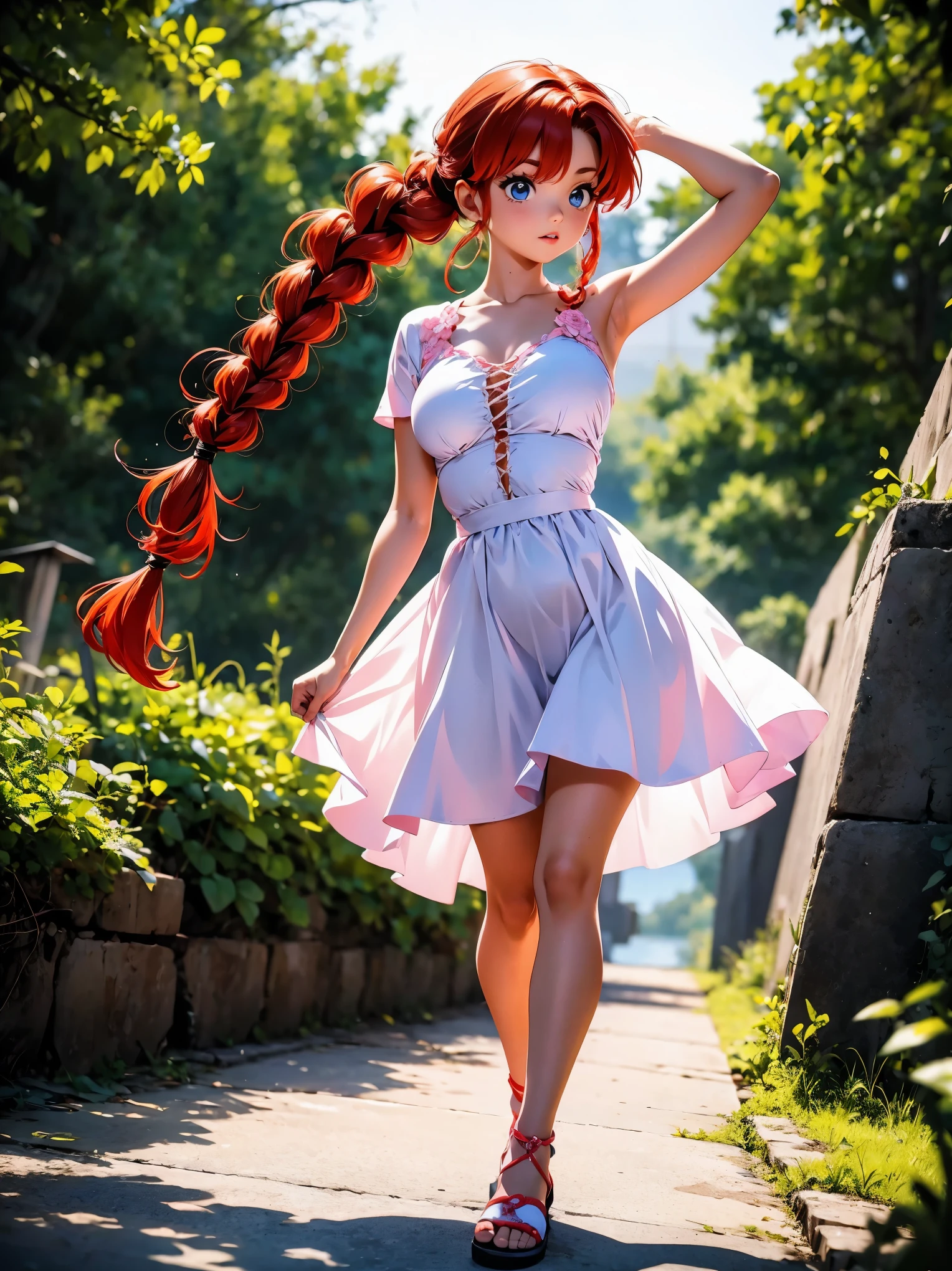 Garota anime ruiva com vestido longo pink com desenho de rosas casamento, saia, *******, corpo bonito, seios grandes, with hands behind head, running your hands through your hair, Garota sexy, red hair with braid , beautiful lighting, sombras suaves, olhos azuis, pernas bonitas, hair with braid, estilo anime, Ranma Chan, Autora Rumiko Takahashi, Baseado em obra de Rumiko Takahashi, Anime Ranma 1/ 2, decote sexy, quadril robusto, corpo inteiro, corpo inteiro, busto grande, garota jovem com corpo belo e bonito, sandals on his feet, garota ******* jovem baixa estatura, usando vestido longo pink com desenhos de rosas, estampa florida, vestido com arte florida de rosas, garota anime, estilo anime, beautiful feet in sandals, 45° viewing angle, ao ar livre, vestido com estampa florida rosas, vestido estampado flor rosa, corpo inteiro, corpo completo