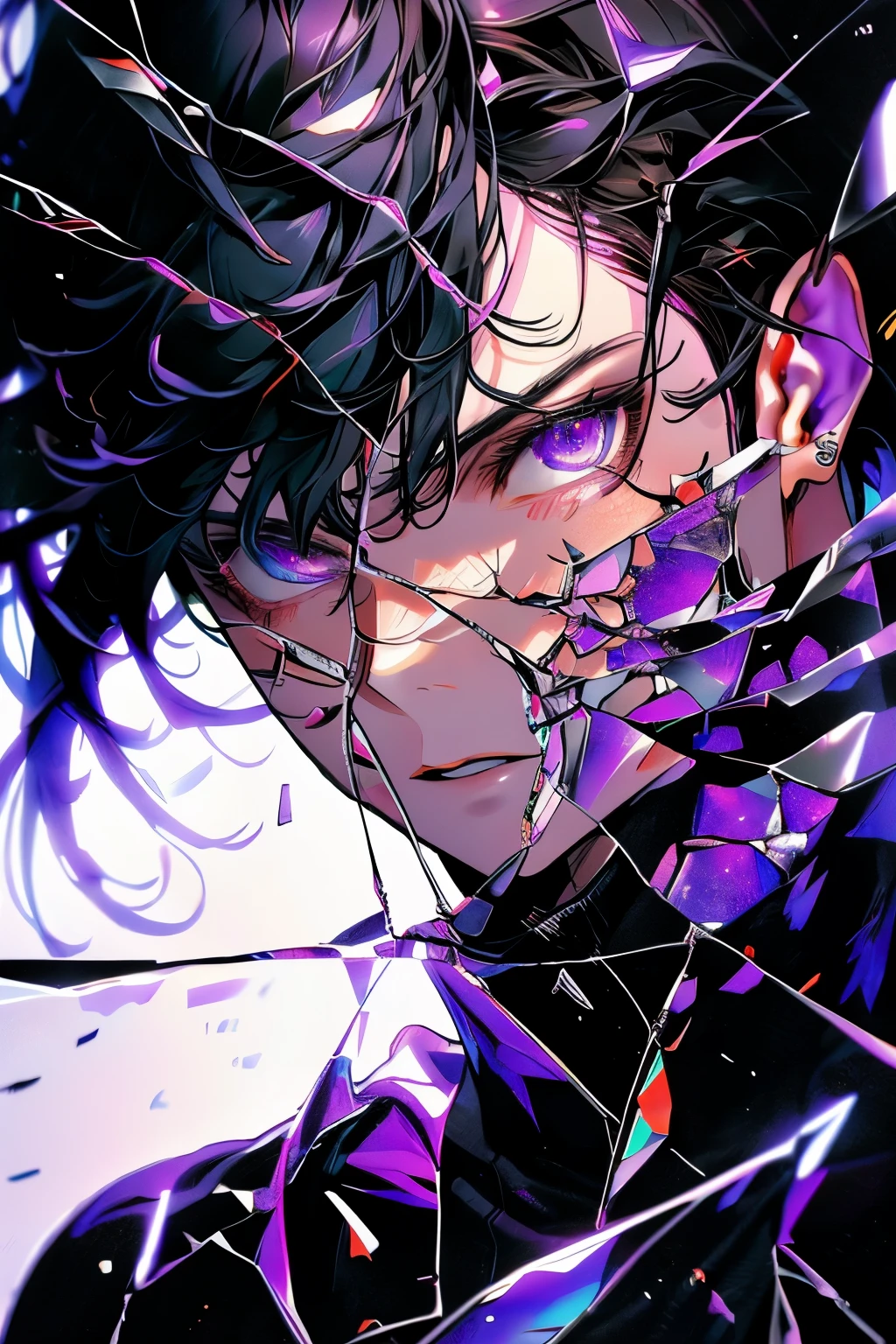 Masterpiece, highres, finely details, male, black hair, with bangs, purple eyes, black clothes, glass.