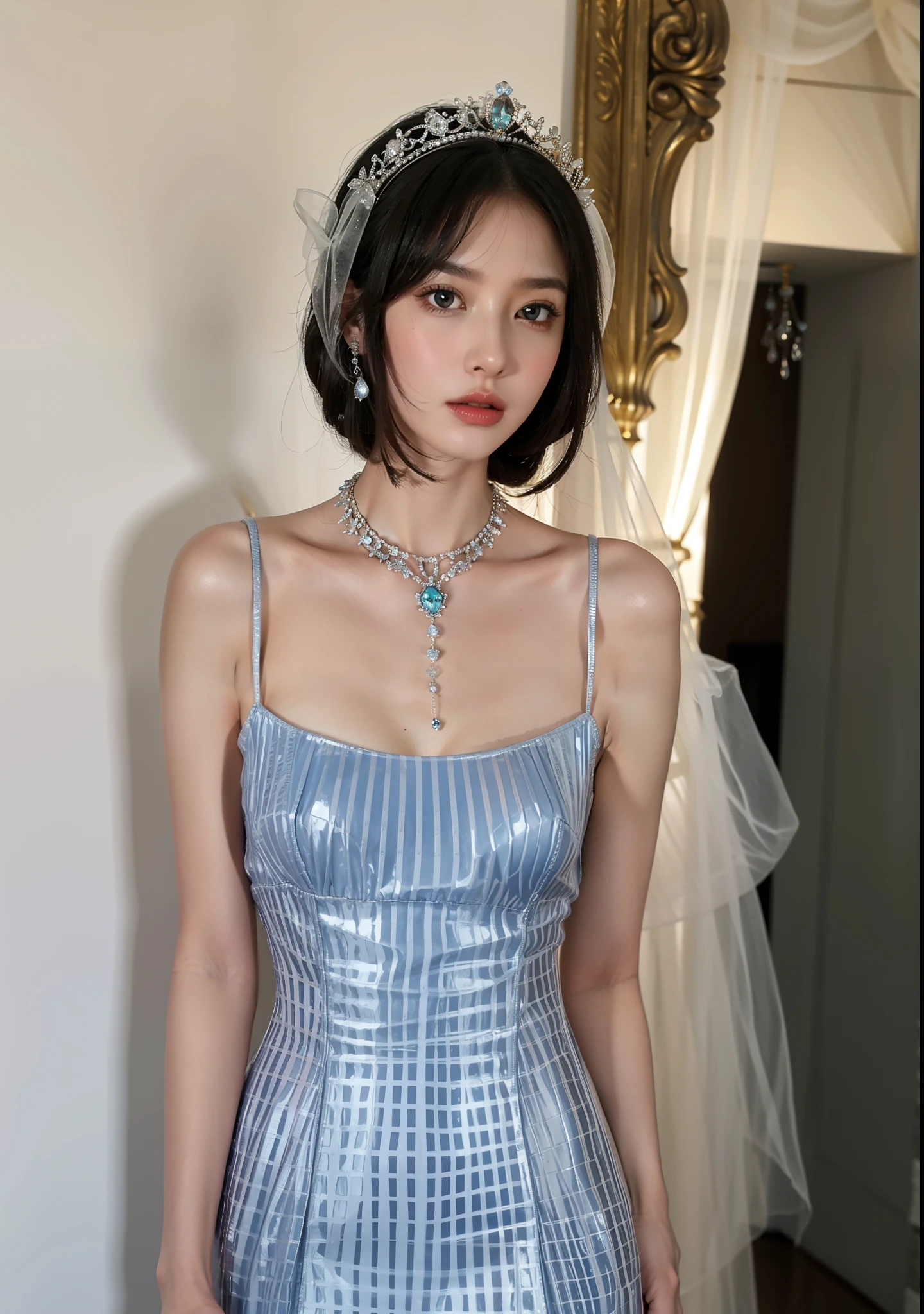 Royal sister,exquisite eyes,ice queen,put the crown on your head,Detailed facial expressions body,tall figure,Gorgeous,Leg length,4k,HD,Sensual,translucent lace,白皙plump figure,pretty face,Little cherry mouth,beautiful and delicious(3D royal sister),plump figure,gloss gel coat,Queen in luxurious dress,Crystal Gem Crown,Necklace jewelry,