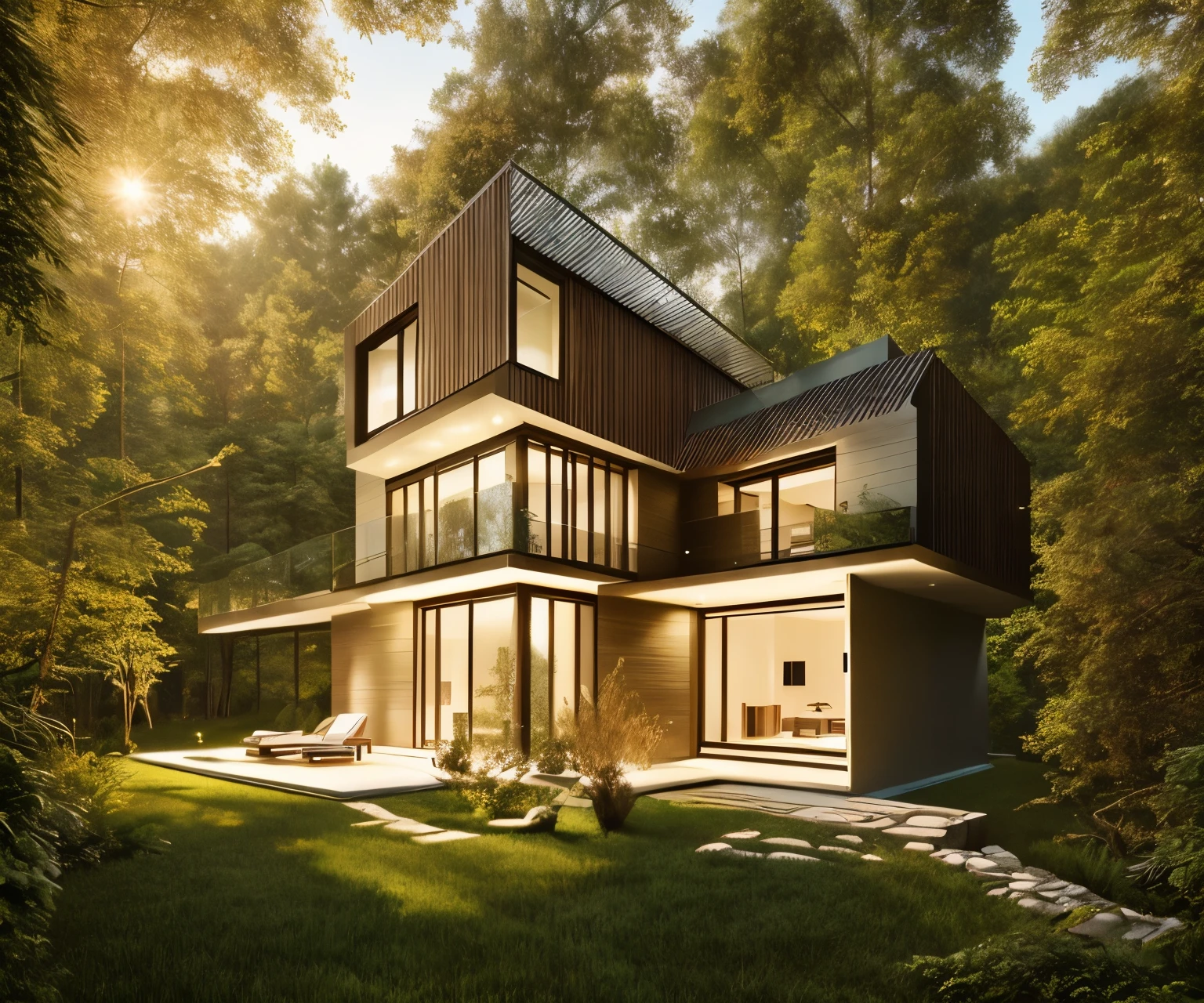 a modern villa in the forest, golden hour, cinematic lighting, photo realistic
