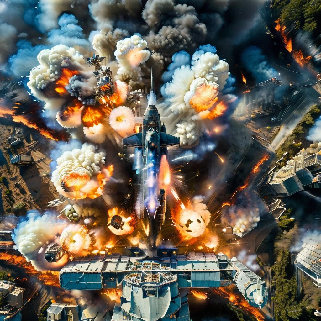 From a spectacular space aerial perspective, a spacecraft is shooting towards the blue sky, while a massive explosion on the ground sends up flames and billowing smoke. This scene is filled with dynamism and power, showcasing human courage and determination to explore the universe. The trail left by the spacecraft contrasts sharply with the flames and smoke on the ground, enhancing the visual impact. The orange-red of the flames contrasts with the blue of the sky. The distant cities and mountains bear witness to this magnificent spectacle, adding layers and details to the composition.