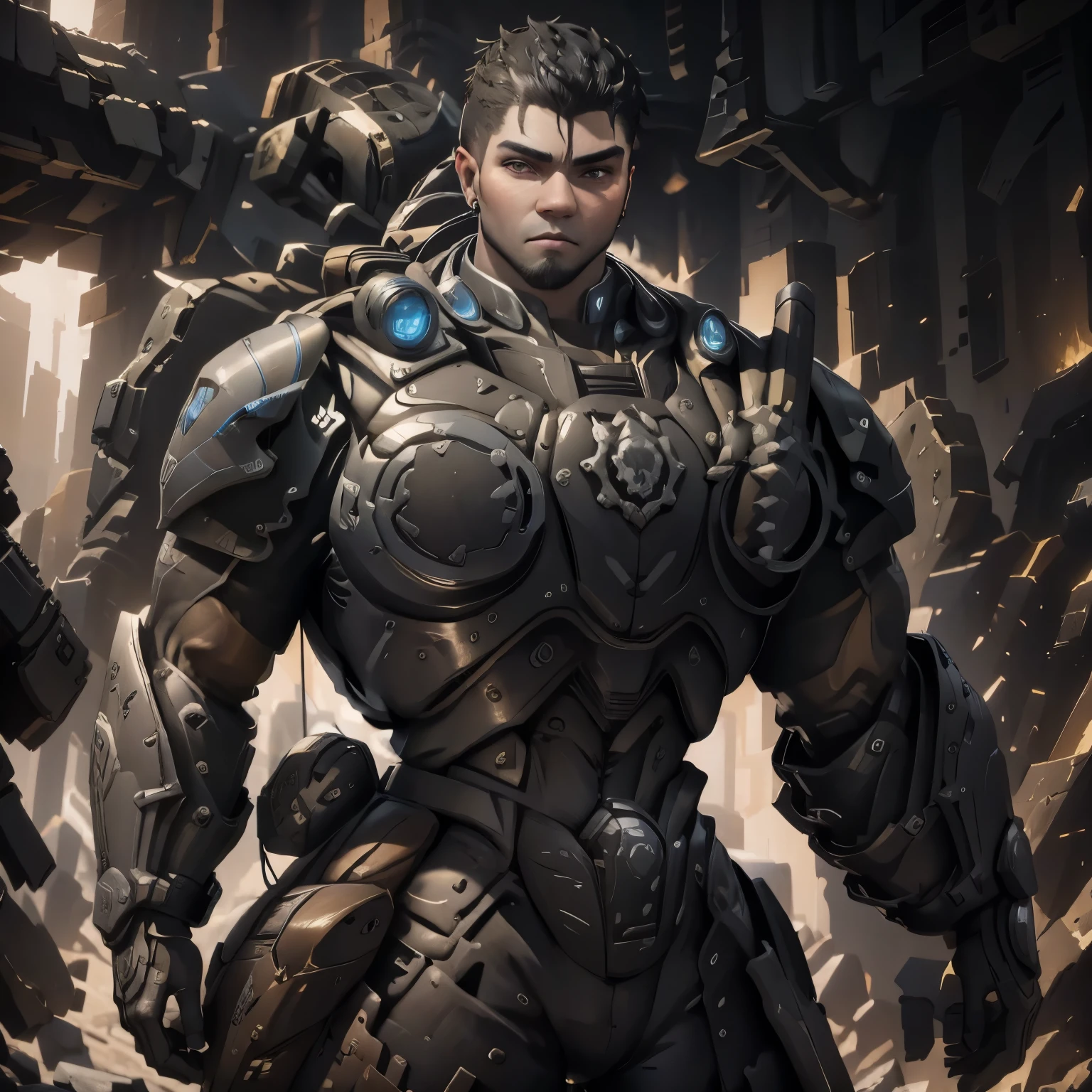 there is a man in a helmet and gloves holding a gun, unreal 6 breathtaking detailed, unreal engine character art, style of raymond swanland, inspired by Marek Okon, ray swanland, inspired by Raymond Swanland, unreal 5 render, wlop. scifi, cybernetic and highly detailed, hyper-realistic cyberpunk style, unreal engine', dark futuristic