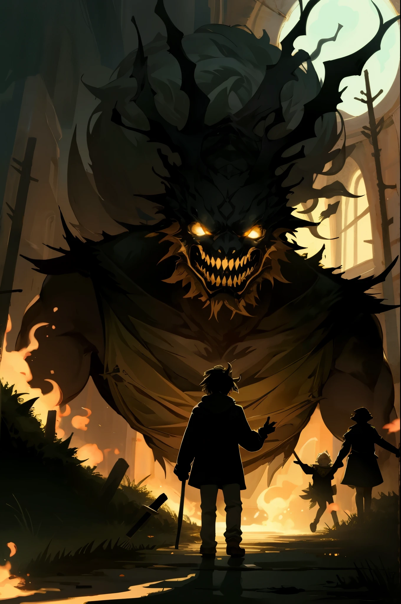 cover page, highres, paid reward available, unparalleled masterpiece, terrifying tale, Hansel and Gretel perfect anatomy, good lighting, volumetric lighting, cinematic shadow,