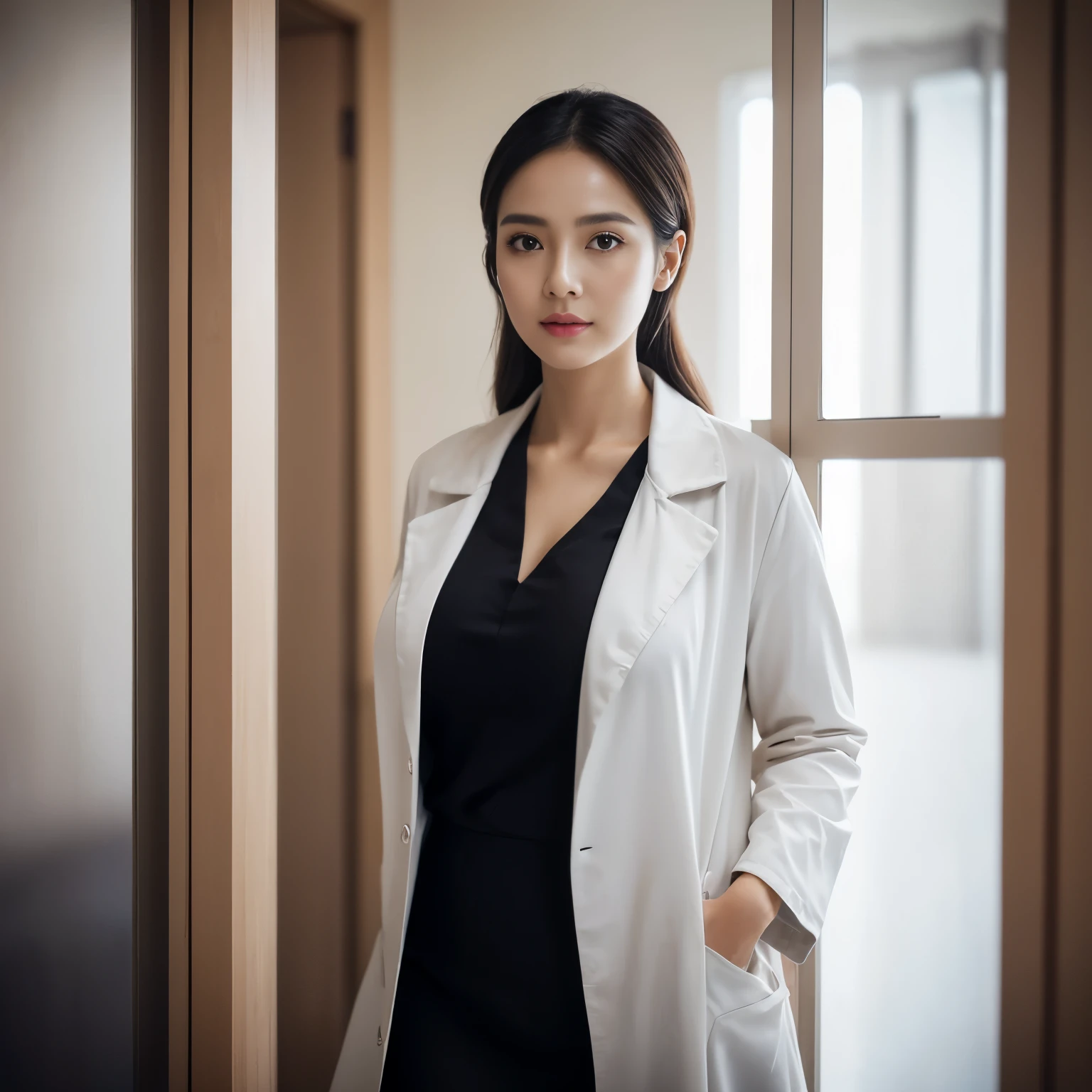 Photorealistic beautiful Hijab Indonesian Mature woman, doctor、stunningly beautiful、doctors white coat, Collared shirt、(top-quality、8K、32K、masterpiece、nffsw:1.3)、超A high resolution,(Photorealsitic:1.4),Raw photography, Detailed face,,Beautiful hijab, ((Doctor Style)), , Black tight skirt、 Natural makeup,, (large full breasts : 1.4)、inside hospital, Detailed background, Perfect Lighting, depth of fields, Beautiful shadow gradient,stethoscope .