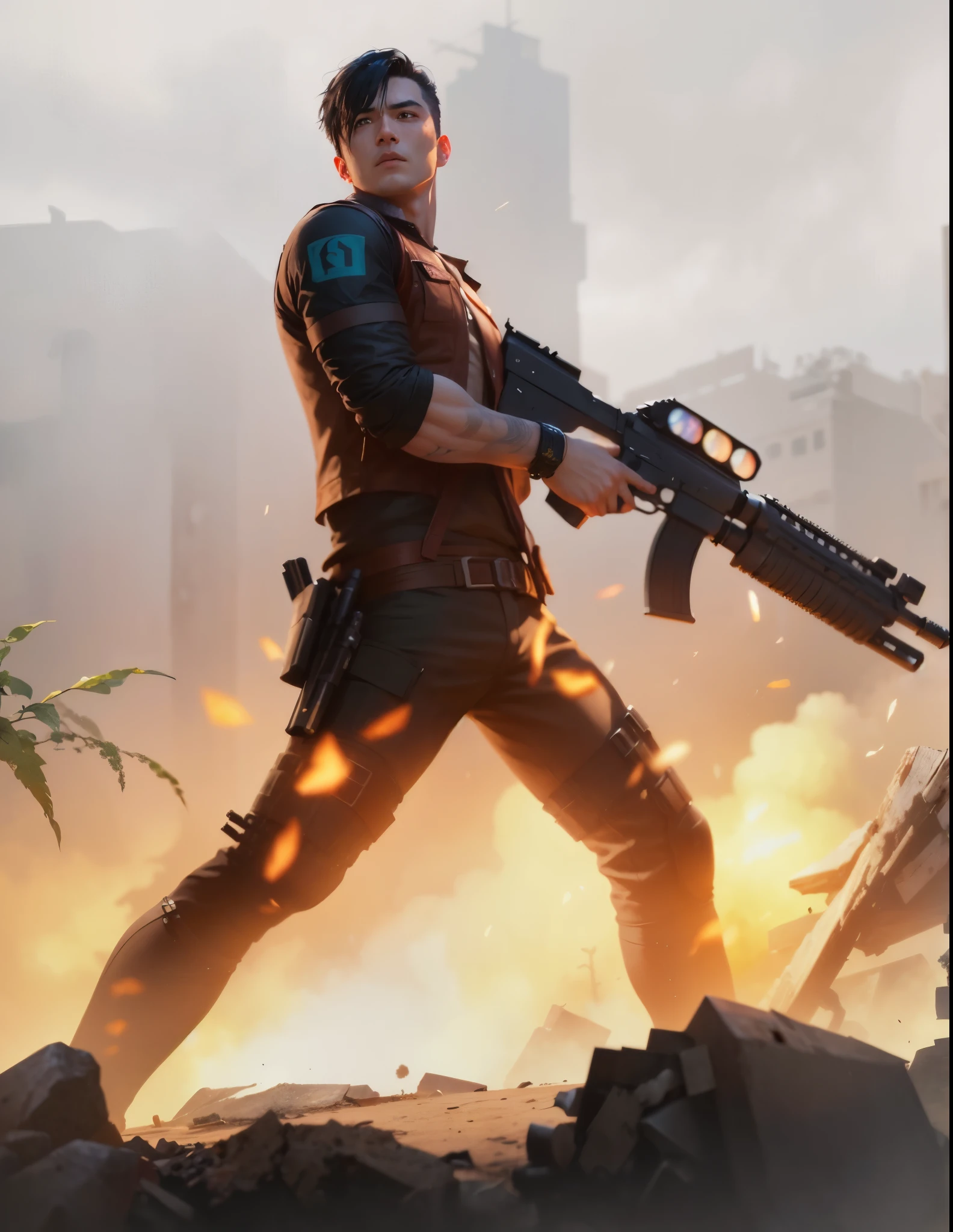 man ,亚洲man,resident Evil,Realistic skin texture,black hair,black eyes,realistic hair,Hair with layers,dark blue clothes,with rifle in hands,look to the right ,shabby clothes,Rich colors,bright colors,game rendering,close-up,best quality, high resolution:1.2, 4k,Lots of details,game art,Masterpiece,top quality, 超high resolution, light,