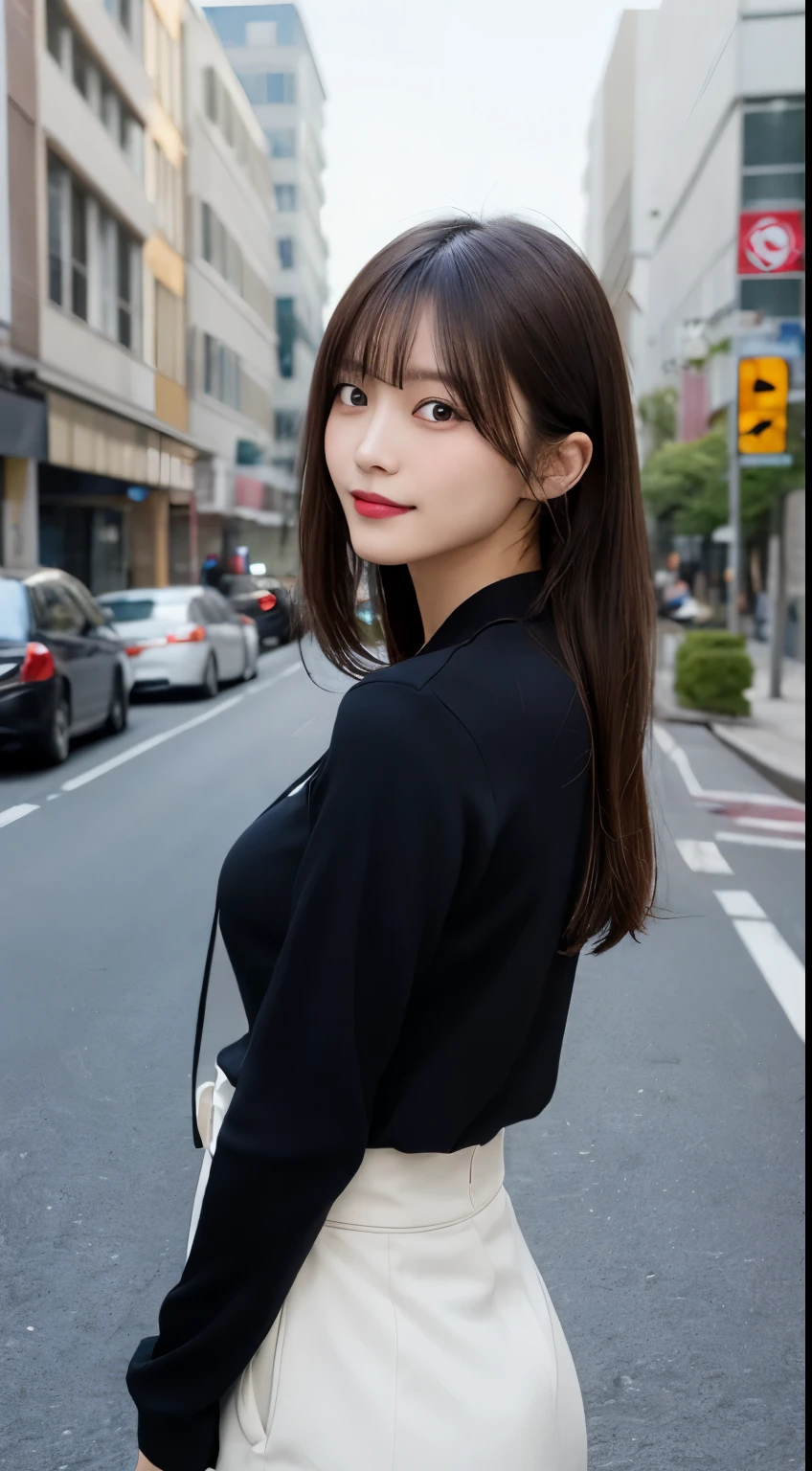 table top, highest quality, shape, Super detailed, finely, High resolution, 8k wallpaper, 完璧なダイナミックな構shape, finelyて美しい目, Black cut and sew,Looking back,medium hair, middle of chest, natural color lip, random sexy pose,smile,Aoyama Street Walk、20 year old girl、big breasts、too much exposure、、publish one'chest of、Slid、I keep my hair tied