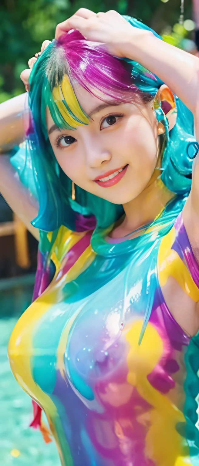 gorgeous idol、whole body、good style、、、、、Tight mini dress covered in colorful slime(off shoulder)、Colorful hair covered in slime
