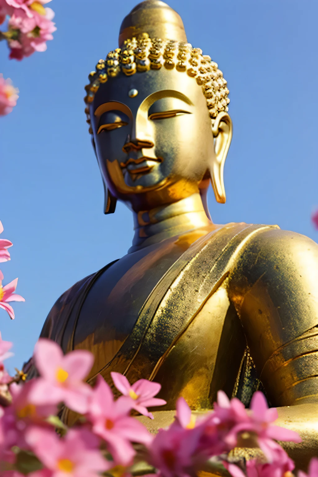 明るい背景のBuddha像 Buddha solo front looking here halo is shining upper body only close up of face hold hands Like a photograph Amazing background full of flowers