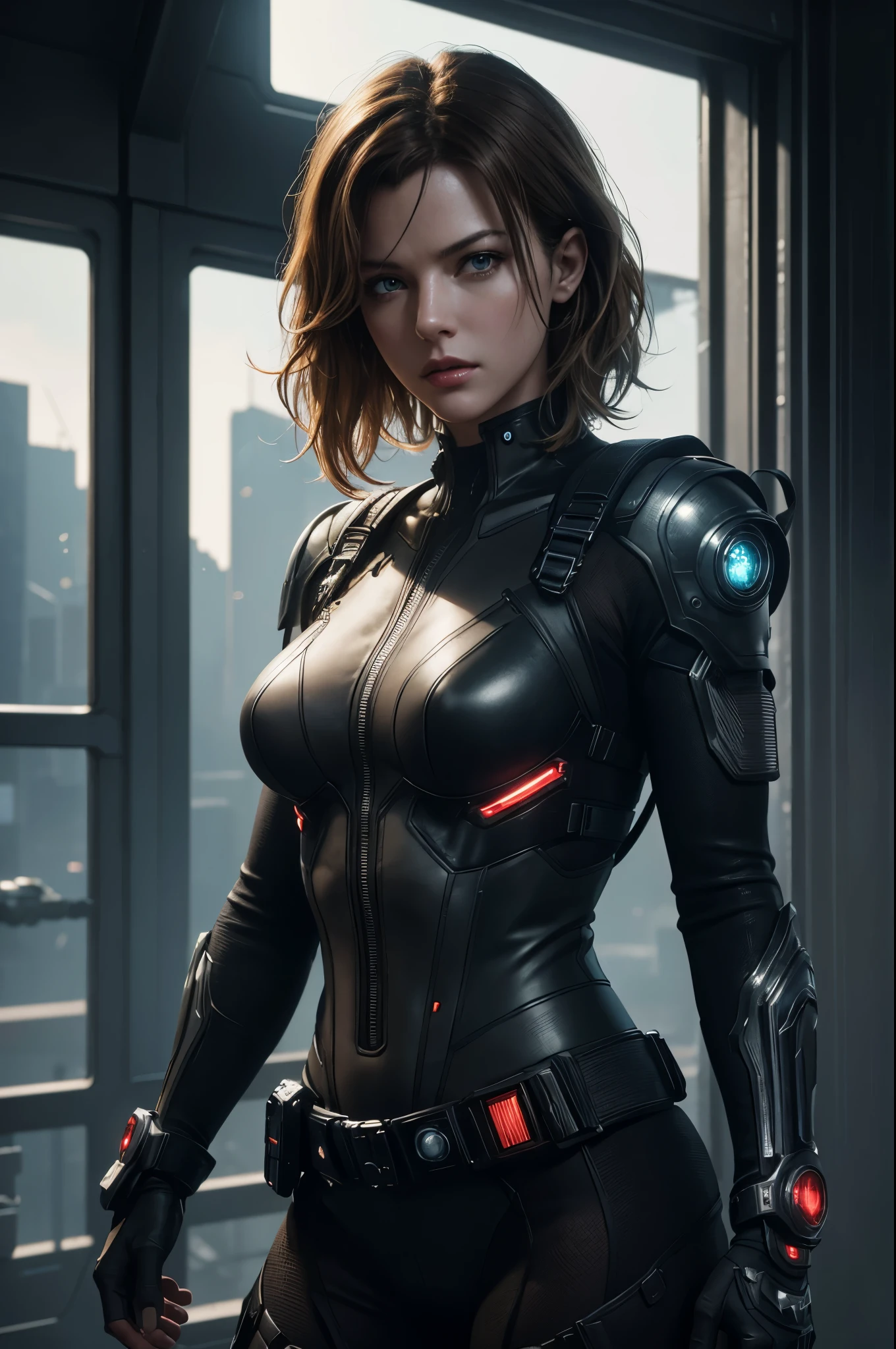 8K,super detailed illustrations, ultra high resolution, masterpiece, highest quality, perfect shiny glowing skin, perfect lighting, detailed lighting, dramatic shadow, ray tracing, 1 beautiful white man, looking at the viewer, small breasts, Beautifully detailed hazel eyes, sharp face, clear eyes, red lips, long bangs, short curly hair, blonde, ((cyberpunk dark city)), Upper body, battle suit, military harness, Alice Abernathy - Resident Evil Series, jovovich miles,,masterpiece,highest qualityのフォトリアリスティックなRAW写真。bright colors,rich colors, Backlight, cinematic lighting, film grain, to be born, 50mm lens, Nikon D850,detailed character art,fantasy art,ultra high resolution,super realistic skin,perfect hand shape,mountain path,