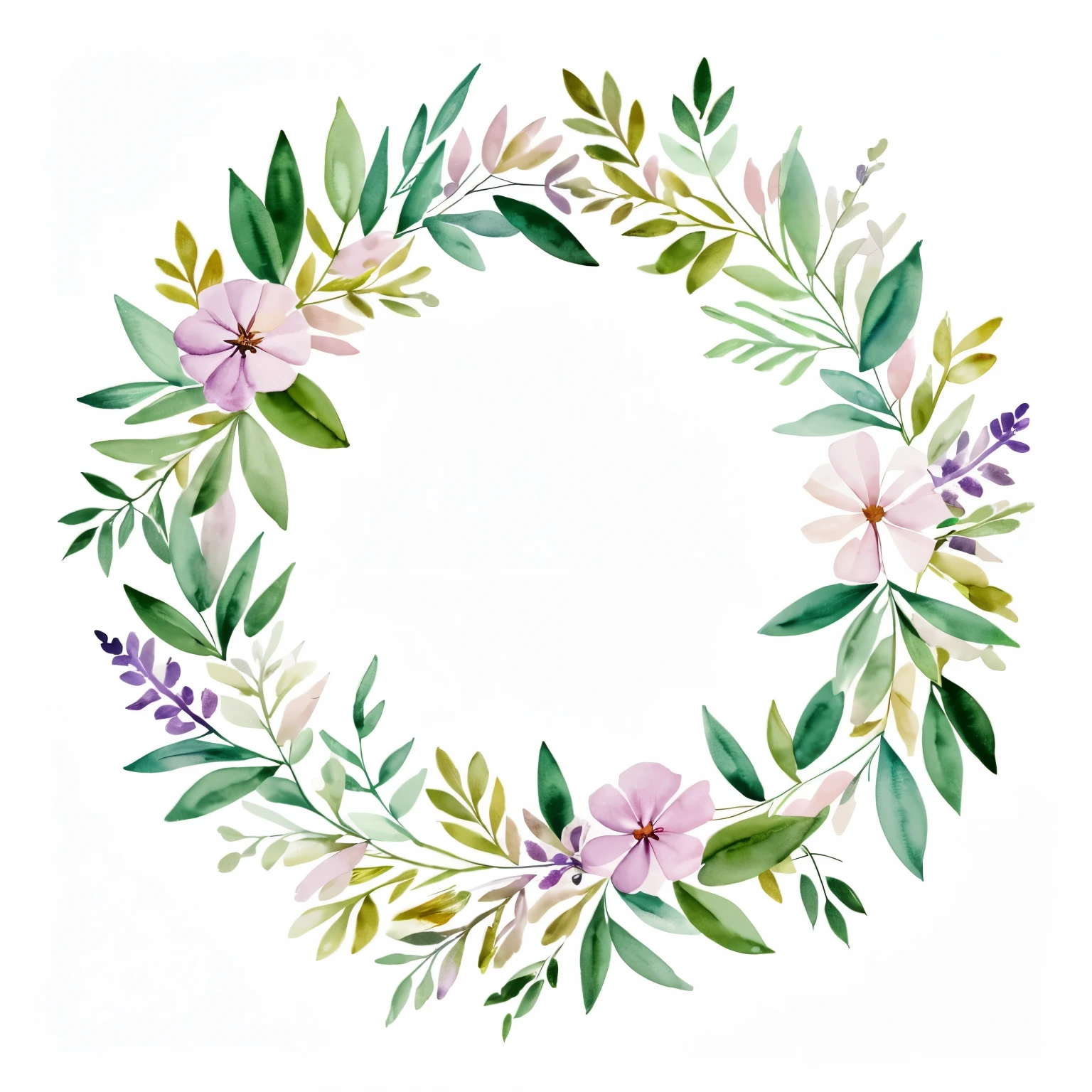 simple watercolor wreath plant, lavender flower, wild plant, pastel color, white background, on center of image, clipart,