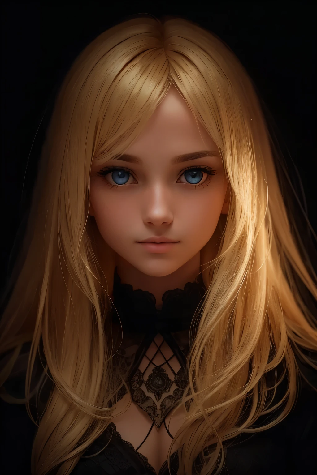 A super cute blond woman with a mysterious aura in a dark theme, presented in a photograph-like quality without any rendering, computer-generated imagery, or digital manipulation. The image is depicted in a 16:9 aspect ratio and displayed in high resolution, accentuating every detail of her sweet features and expressing her enigmatic demeanor. Her blonde locks are radiant under the dim lighting, contrasting the dark surrounding elements. The image captures a still, captivating moment in time, leaving the viewer intrigued by this charming enigma.