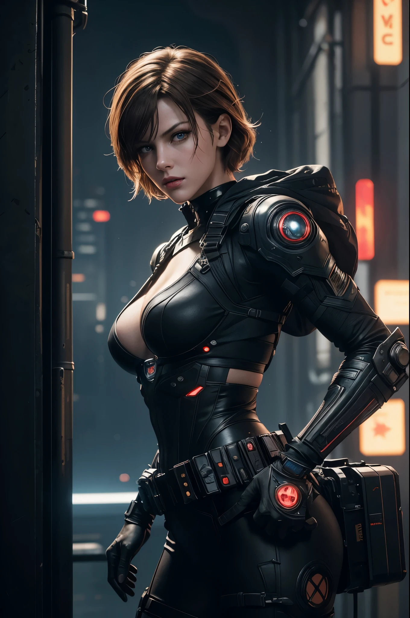 8K,super detailed illustrations, ultra high resolution, masterpiece, highest quality, perfect shiny glowing skin, perfect lighting, detailed lighting, dramatic shadow, ray tracing, 1 beautiful white man, looking at the viewer, small breasts, Beautifully detailed hazel eyes, sharp face, clear eyes, red lips, long bangs, short curly hair, blonde, ((cyberpunk dark city)), Upper body, battle suit, military harness, Alice Abernathy - Resident Evil Series, jovovich miles,,masterpiece,highest qualityのフォトリアリスティックなRAW写真。bright colors,rich colors, Backlight, cinematic lighting, film grain, to be born, 50mm lens, Nikon D850,detailed character art,fantasy art,ultra high resolution,super realistic skin,perfect hand shape,mountain path,