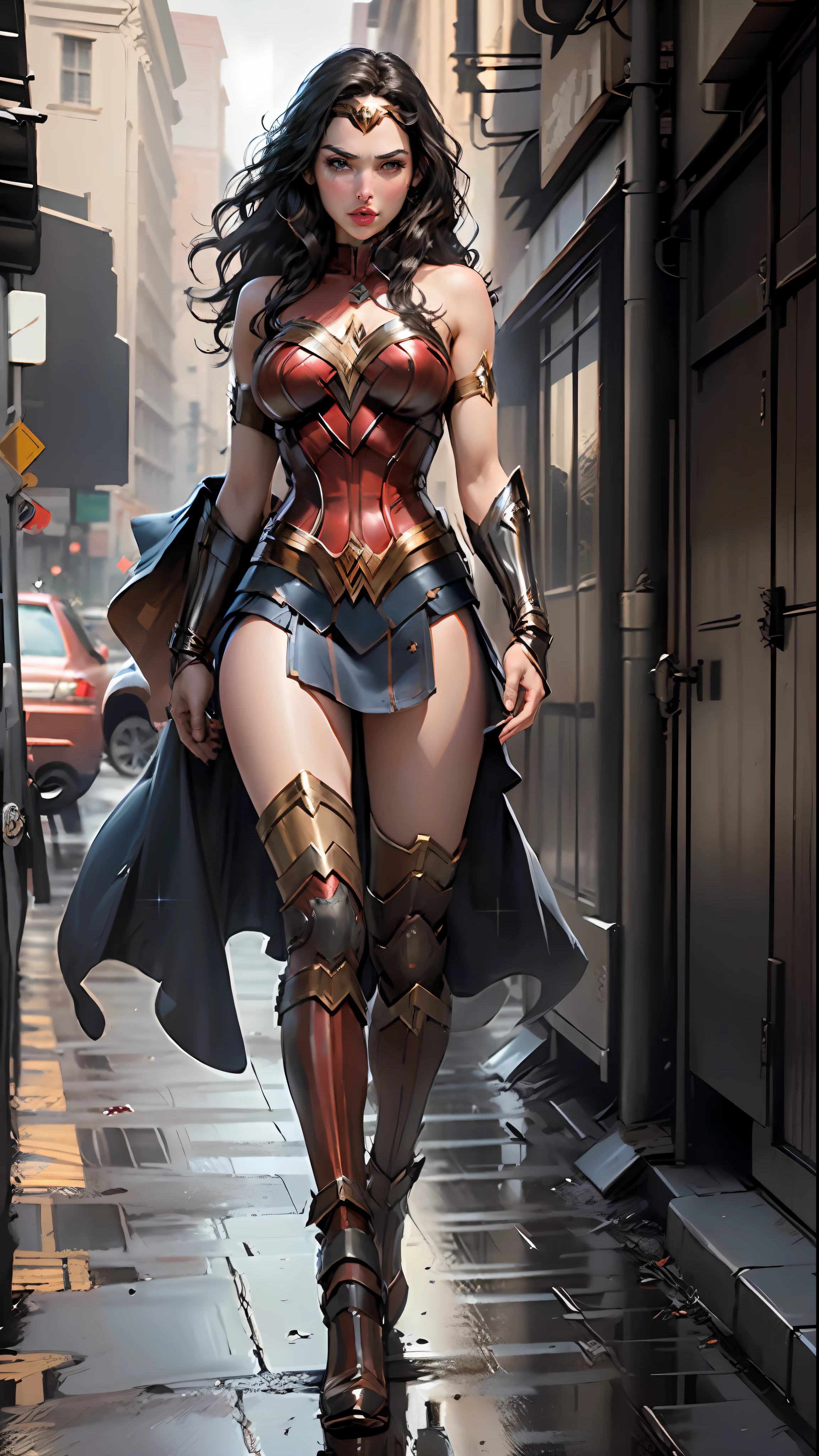 (best quality)), ((masterpiece)), ((actual)), (detailed), detailed face, wonder woman (Gal Gadot)beautiful woman (20s, long black hair, blue eyes) Defined, detailed body, wearing tube dress wonder woman(((huge breasts)))