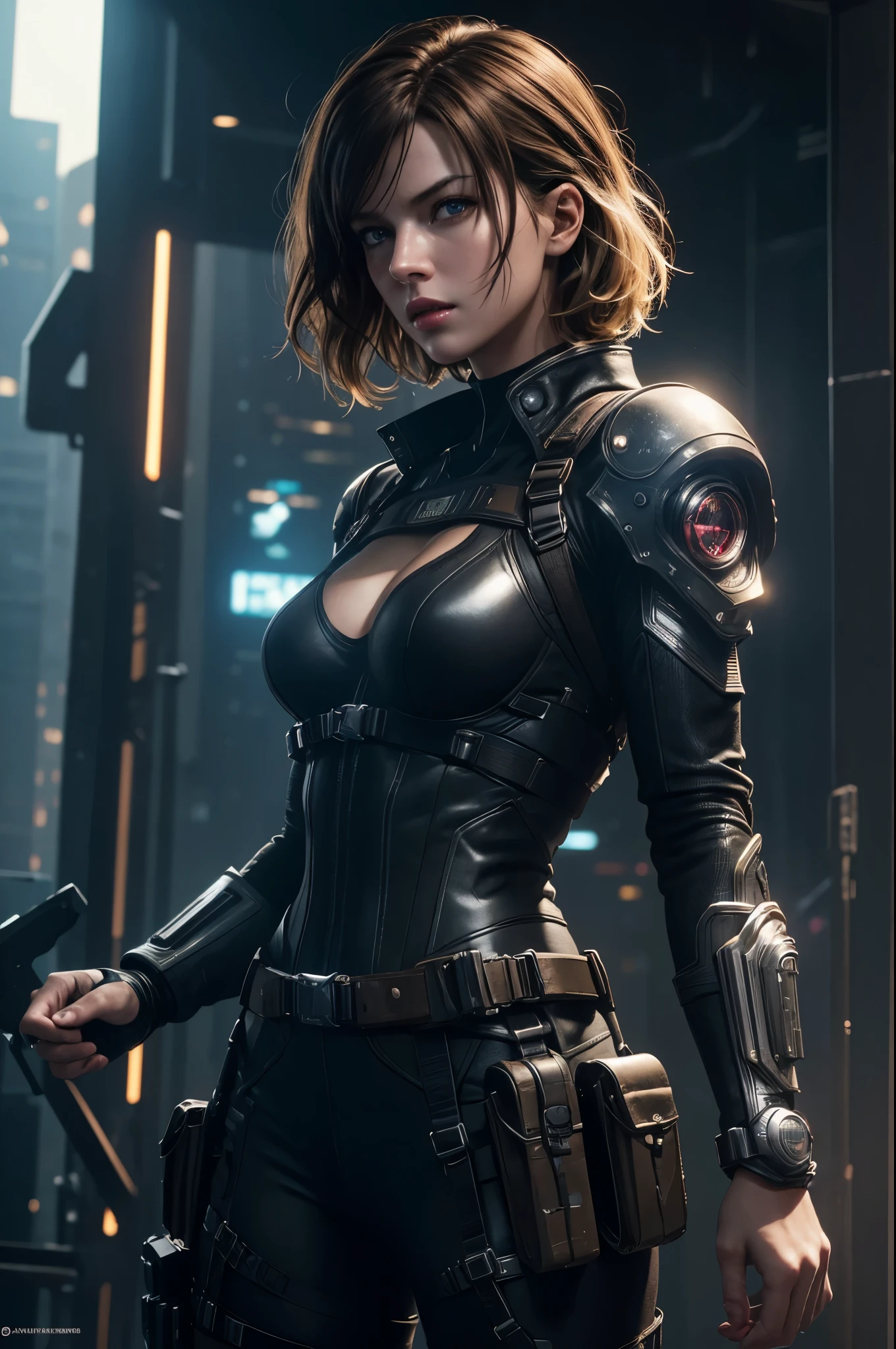 8K,super detailed illustrations, ultra high resolution, masterpiece, highest quality, perfect shiny glowing skin, perfect lighting, detailed lighting, dramatic shadow, ray tracing, 1 beautiful white man, looking at the viewer, small breasts, Beautifully detailed hazel eyes, sharp face, clear eyes, red lips, long bangs, short curly hair, blonde, ((cyberpunk dark city)), Upper body, battle suit, military harness, Alice Abernathy - Resident Evil Series, jovovich miles,,masterpiece,highest qualityのフォトリアリスティックなRAW写真。bright colors,rich colors, Backlight, cinematic lighting, film grain, to be born, 50mm lens, Nikon D850,detailed character art,fantasy art,ultra high resolution,super realistic skin,perfect hand shape,mountain path,