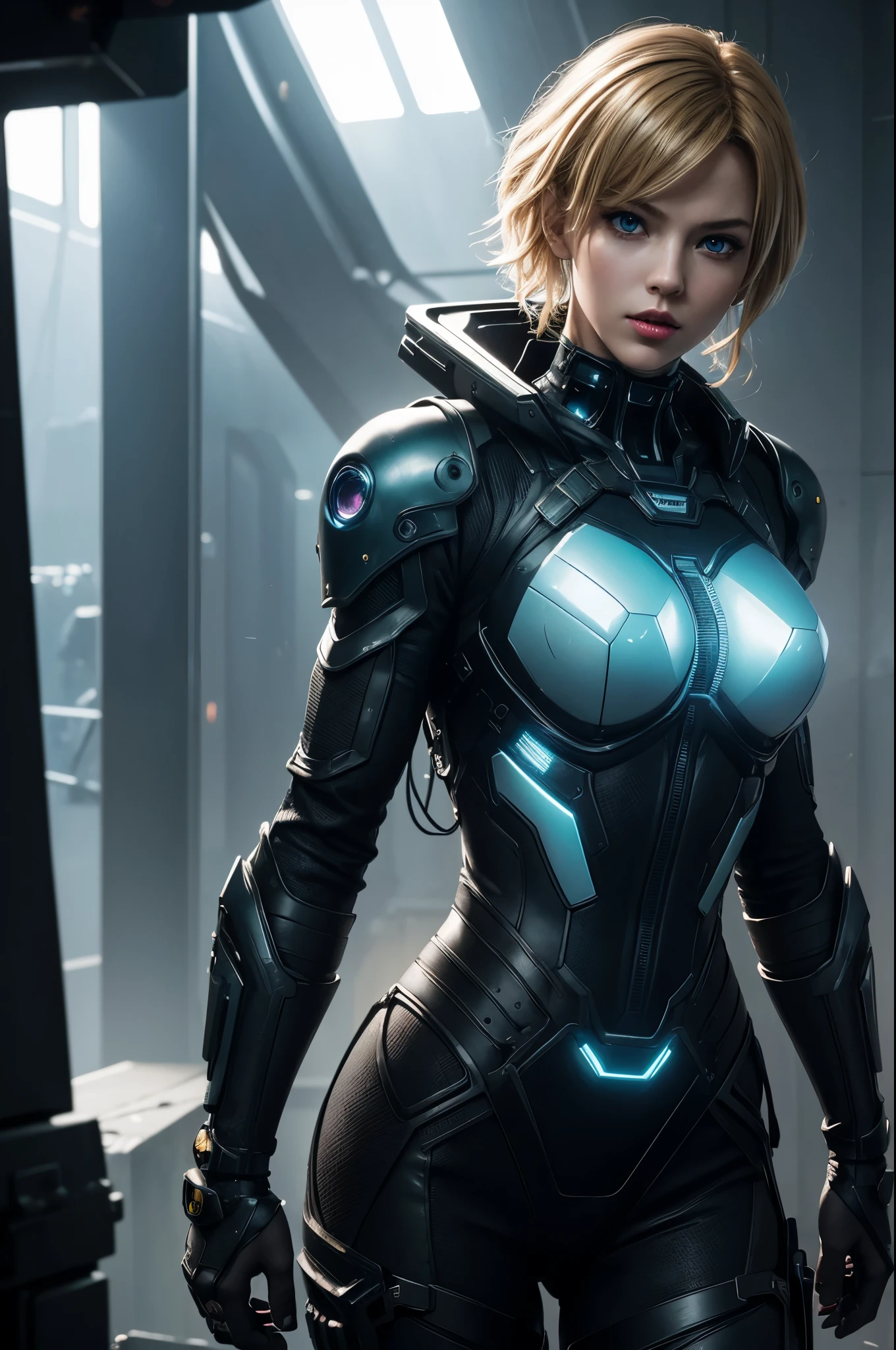 8K,cyber punk, ultra high resolution, masterpiece, highest quality, perfect shiny glowing skin, perfect lighting, detailed lighting, dramatic shadow, ray tracing, 1 beautiful white man, looking at the viewer, small breasts, Beautifully detailed hazel eyes, sharp face, clear eyes, red lips, long bangs, short curly hair, blonde, ((cyber punkのダークシティ)), Upper body, battle suit, military harness, Alice Abernathy - Resident Evil Series, jovovich miles,,masterpiece,highest qualityのフォトリアリスティックなRAW写真。bright colors,rich colors, Backlight, cinematic lighting, film grain, to be born, 50mm lens, Nikon D850,detailed character art,fantasy art,ultra high resolution,super realistic skin,perfect hand shape,mountain path,