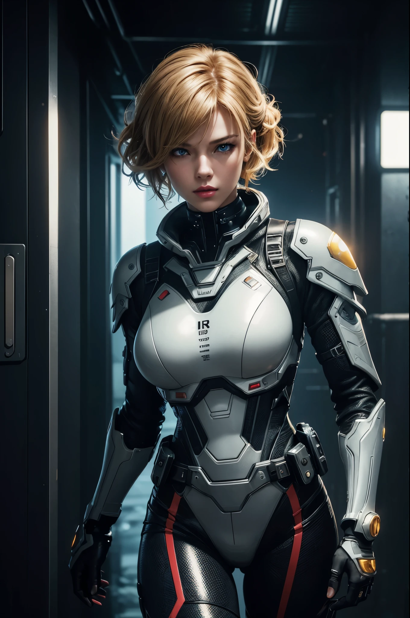 8K,cyber punk, ultra high resolution, masterpiece, highest quality, perfect shiny glowing skin, perfect lighting, detailed lighting, dramatic shadow, ray tracing, 1 beautiful white man, looking at the viewer, small breasts, Beautifully detailed hazel eyes, sharp face, clear eyes, red lips, long bangs, short curly hair, blonde, ((cyber punkのダークシティ)), Upper body, battle suit, military harness, Alice Abernathy - Resident Evil Series, jovovich miles,,masterpiece,highest qualityのフォトリアリスティックなRAW写真。bright colors,rich colors, Backlight, cinematic lighting, film grain, to be born, 50mm lens, Nikon D850,detailed character art,fantasy art,ultra high resolution,super realistic skin,perfect hand shape,mountain path,